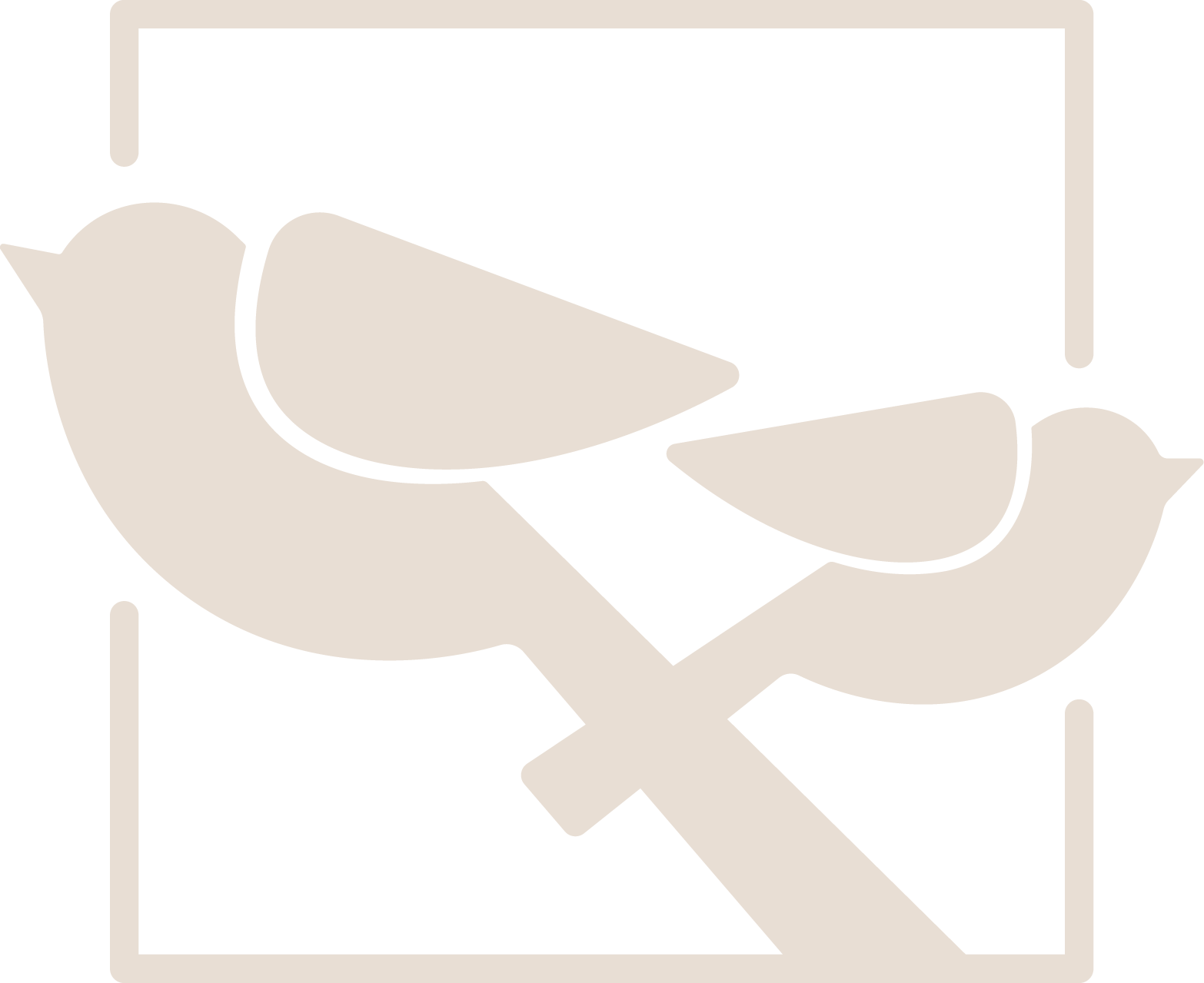 Simplified black and white illustration of a human hand holding a pair of birds on a black background with a white border.