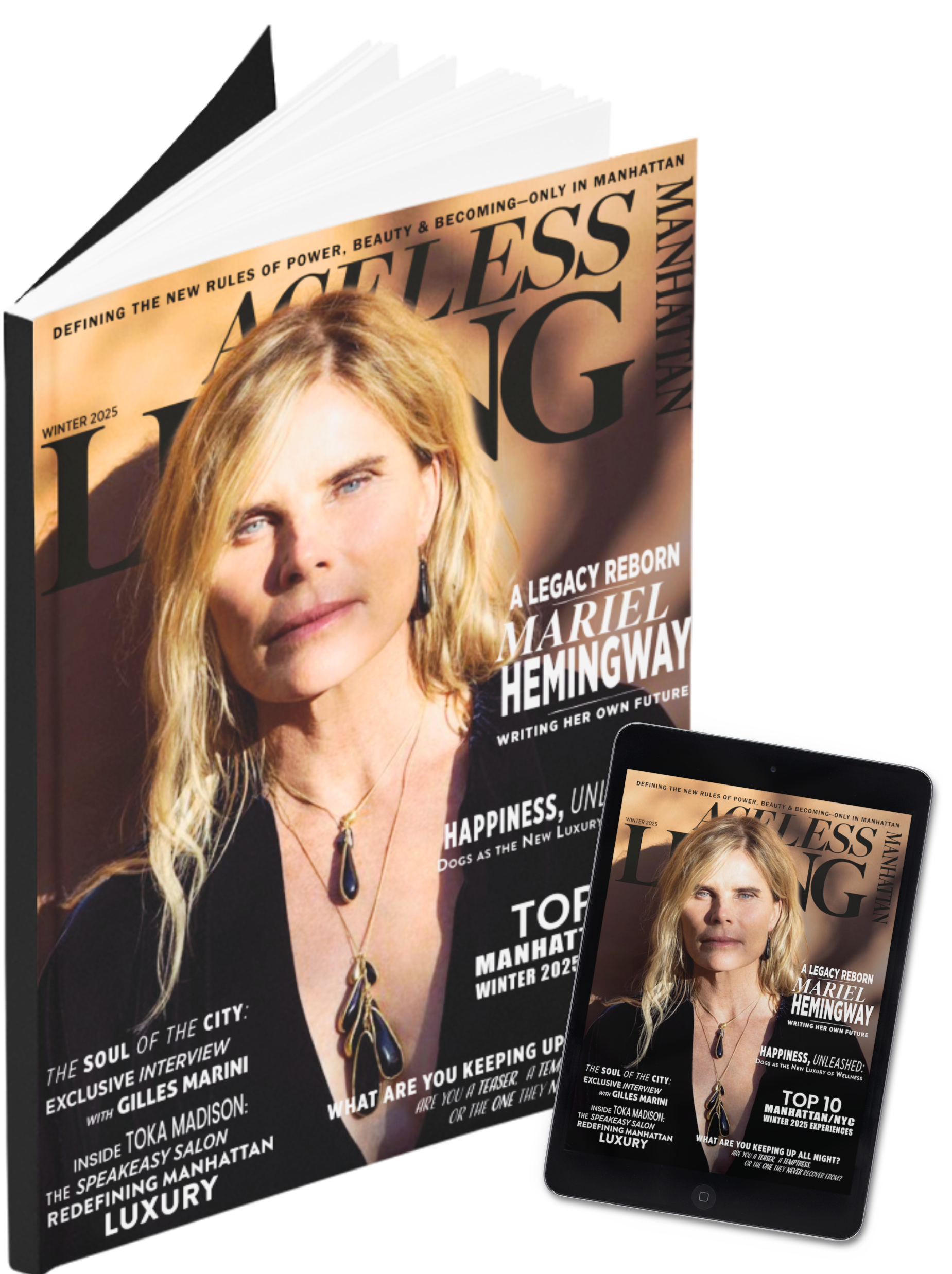 Magazine cover featuring a woman with blonde hair, wearing a black top and jewelry, with headlines about the legacy of Mariel Hemingway and luxury lifestyle topics