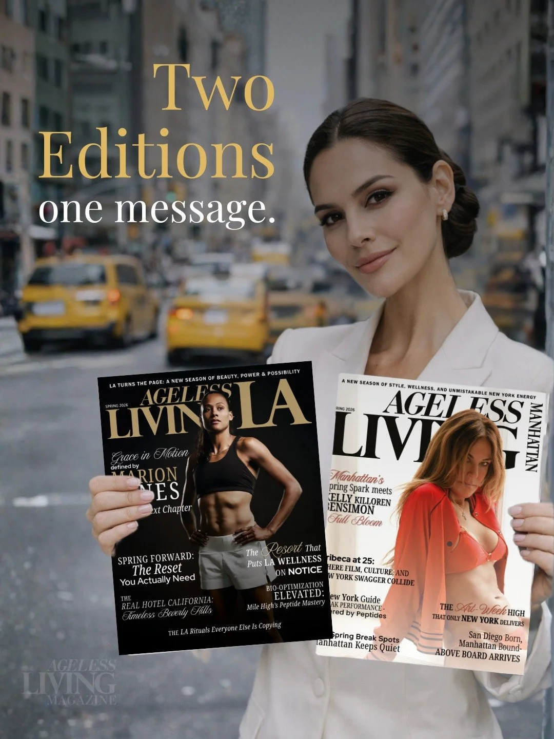 Different cities, same editorial standard.

Ageless Living Magazine presents Los Angeles and Manhattan through a shared lens of refinement, cultural relevance, and modern authority.
The setting may shift, but the point of view does not.
That consiste