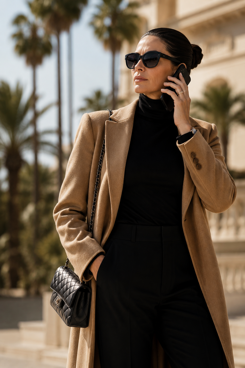 A woman wearing sunglasses and a tan coat talking on her cellphone outdoors, holding her handbag and standing in front of palm trees and a building.