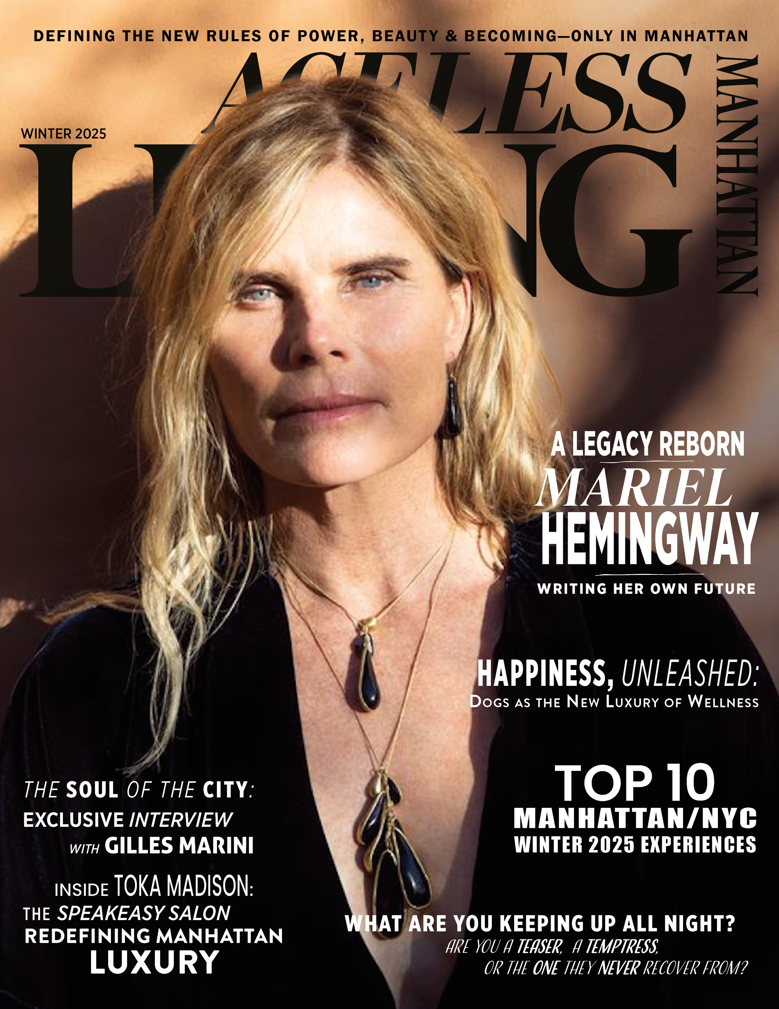 Magazine cover featuring a woman with blonde hair, wearing black clothing and jewelry, with text highlighting articles about Mariel Hemingway, Manhattan experiences, wellness, and interviews.