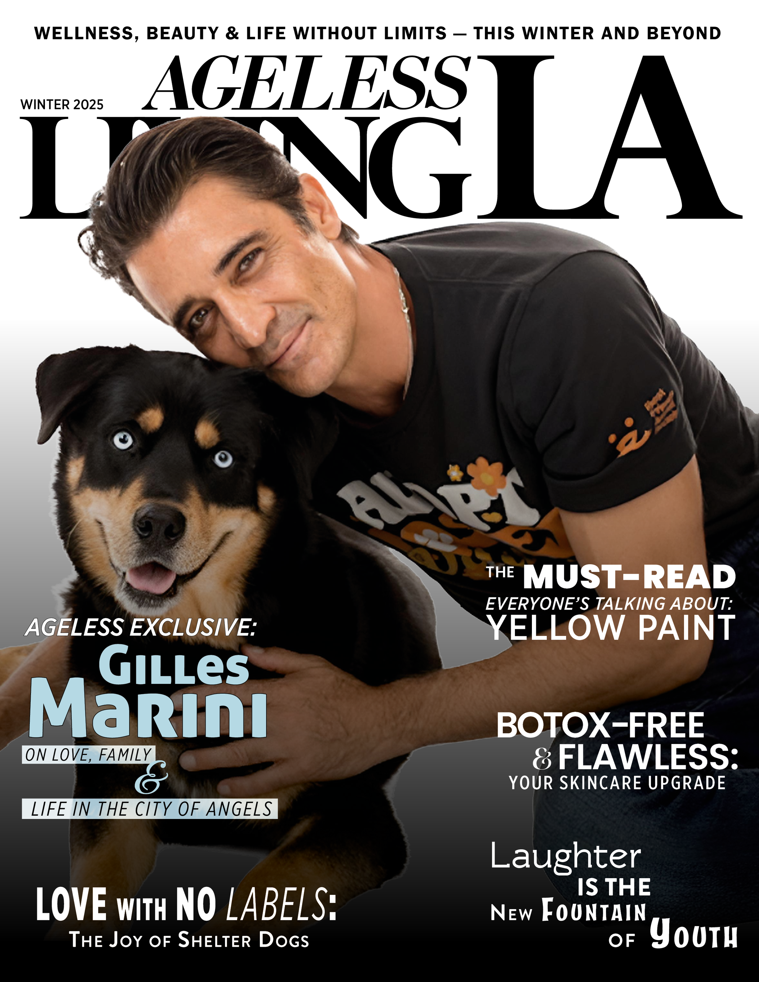 Magazine cover titled "Ageless Living" with a smiling man and a black and tan dog with blue eyes, featuring headlines about wellness, beauty, and skincare.