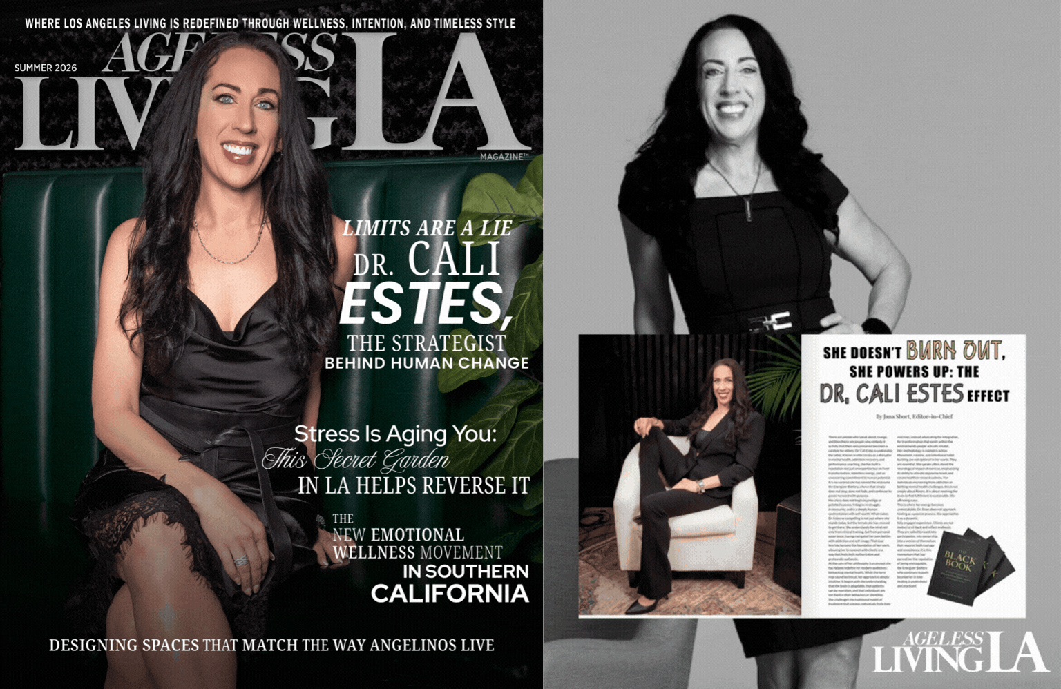 Cover of Ageless Living Los Angeles Summer Edition with Dr. Cali Estes and the magazine pages