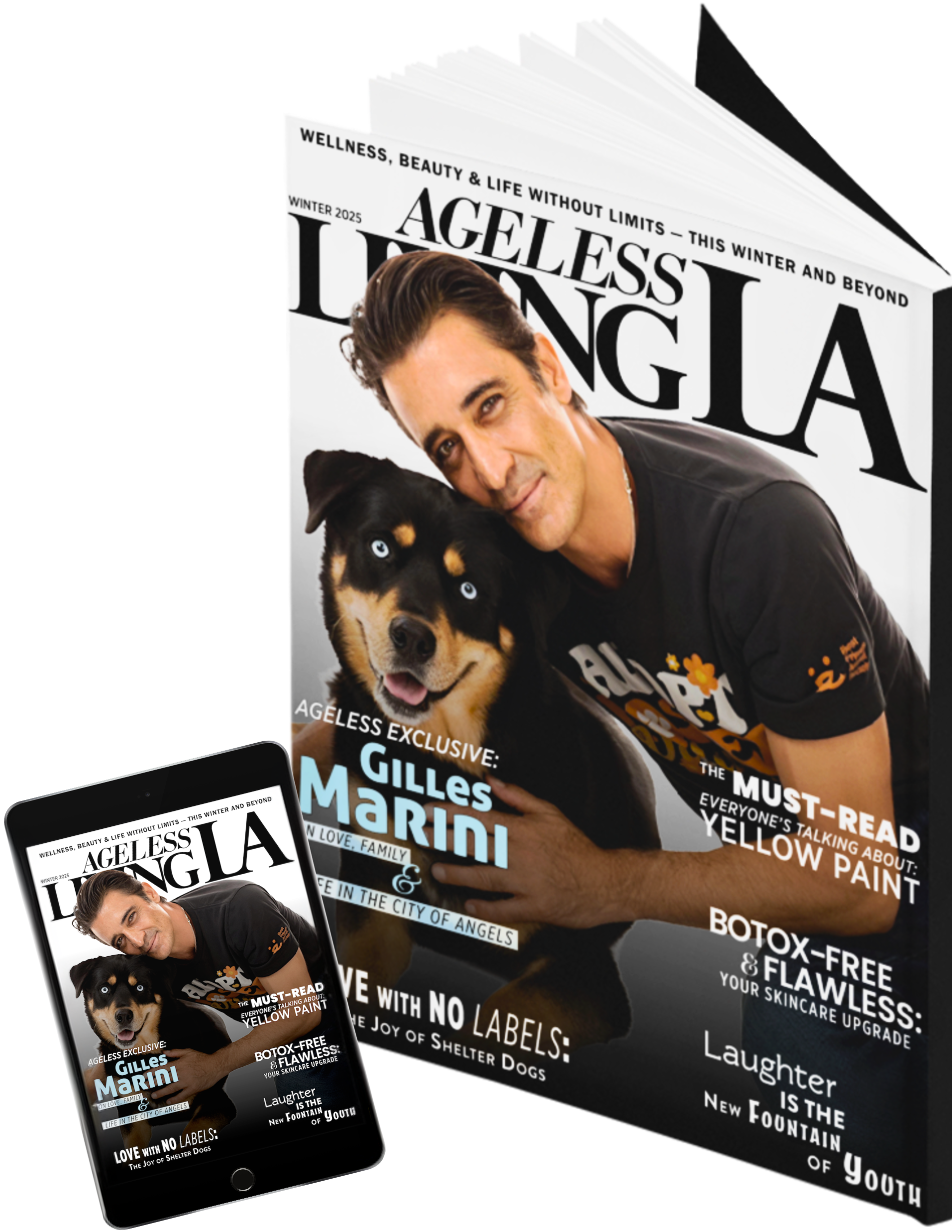Cover of Ageless Living magazine featuring a man with a dog on the cover, headline about Gilles Marini, and articles on skincare and love for shelter dogs.