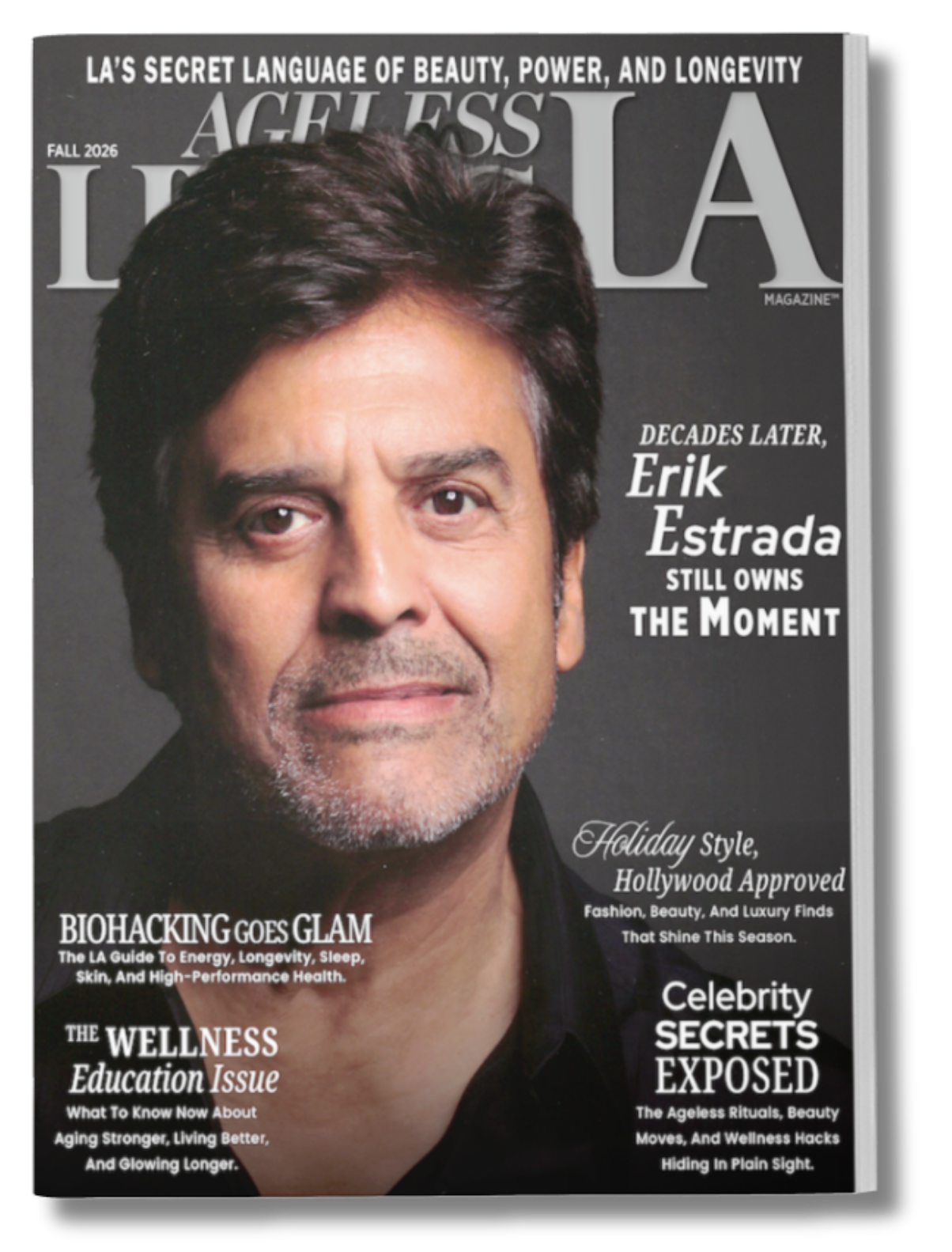 Cover of LA's Modern Luxury magazine featuring Erik Estrada on the fall 2026 issue, with headlines about beauty, health, celebrity secrets, and wellness.