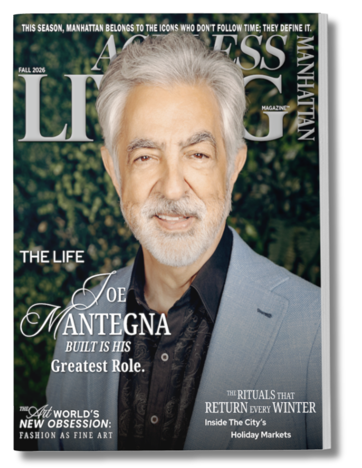 Front cover of Manhattan magazine featuring a close-up portrait of Joe Mantegna with gray hair and beard, wearing a light blue blazer and a black shirt, against a blurred green foliage background.