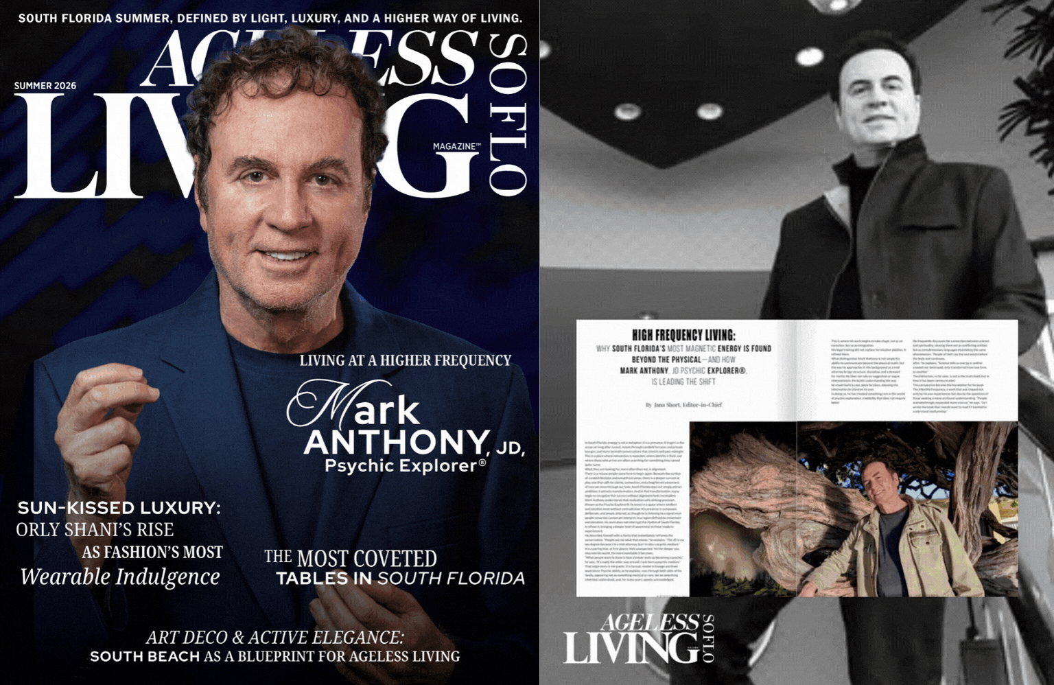 Cover of Ageless Living South Florida Summer Edition with Mark Anthony and the magazine pages