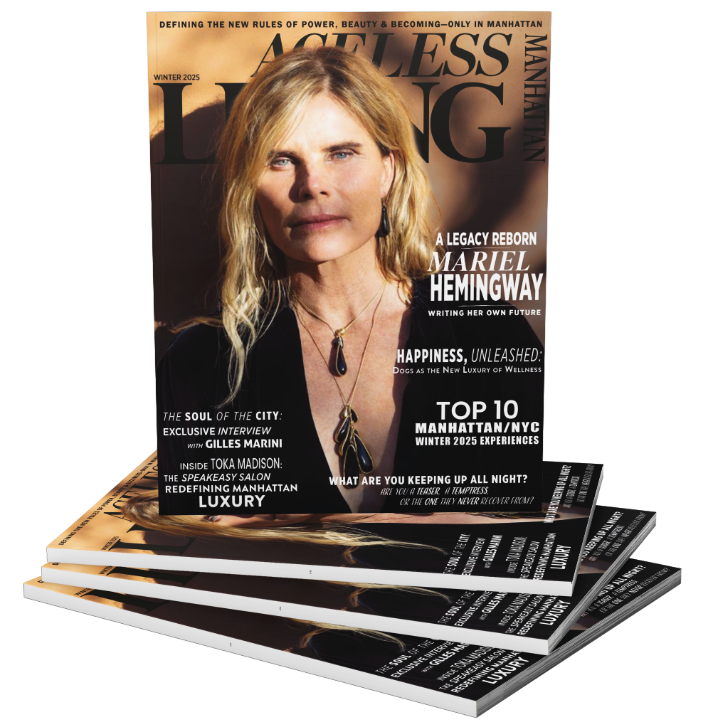 Magazine cover featuring a woman with blonde hair and necklaces, with headlines about Mariel Hemingway, Manhattan wellness experiences, and Manhattan city lifestyle.
