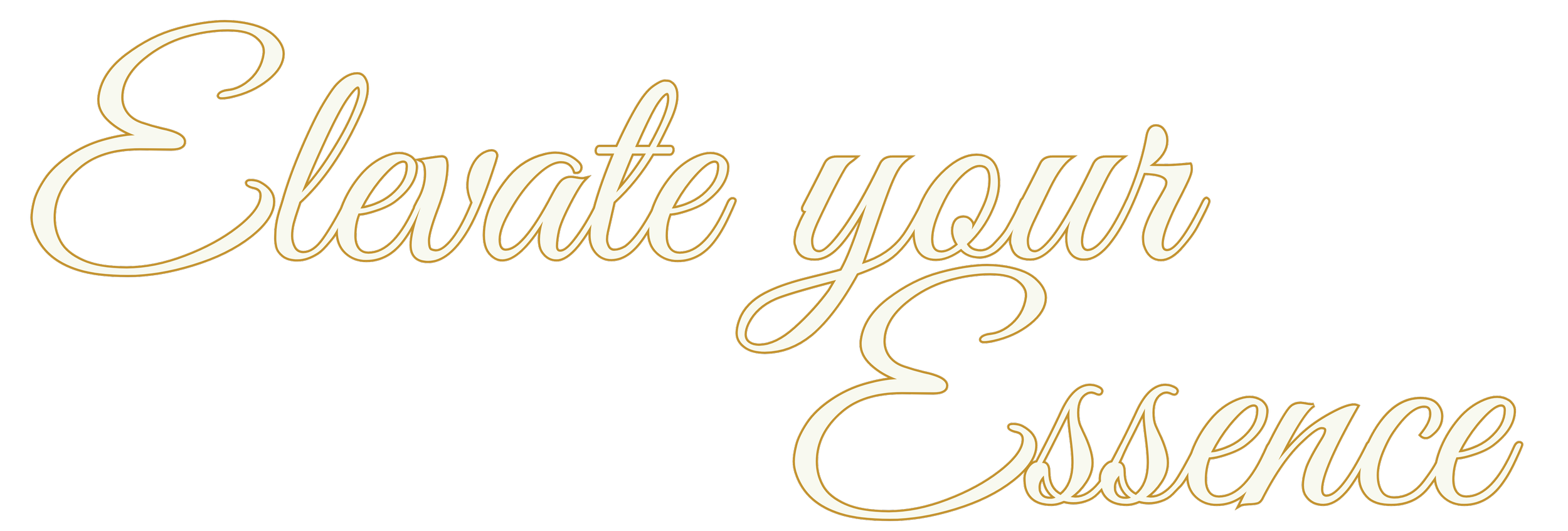 Decorative text reading "Elevate your essence" in cursive font with gold and white coloring.