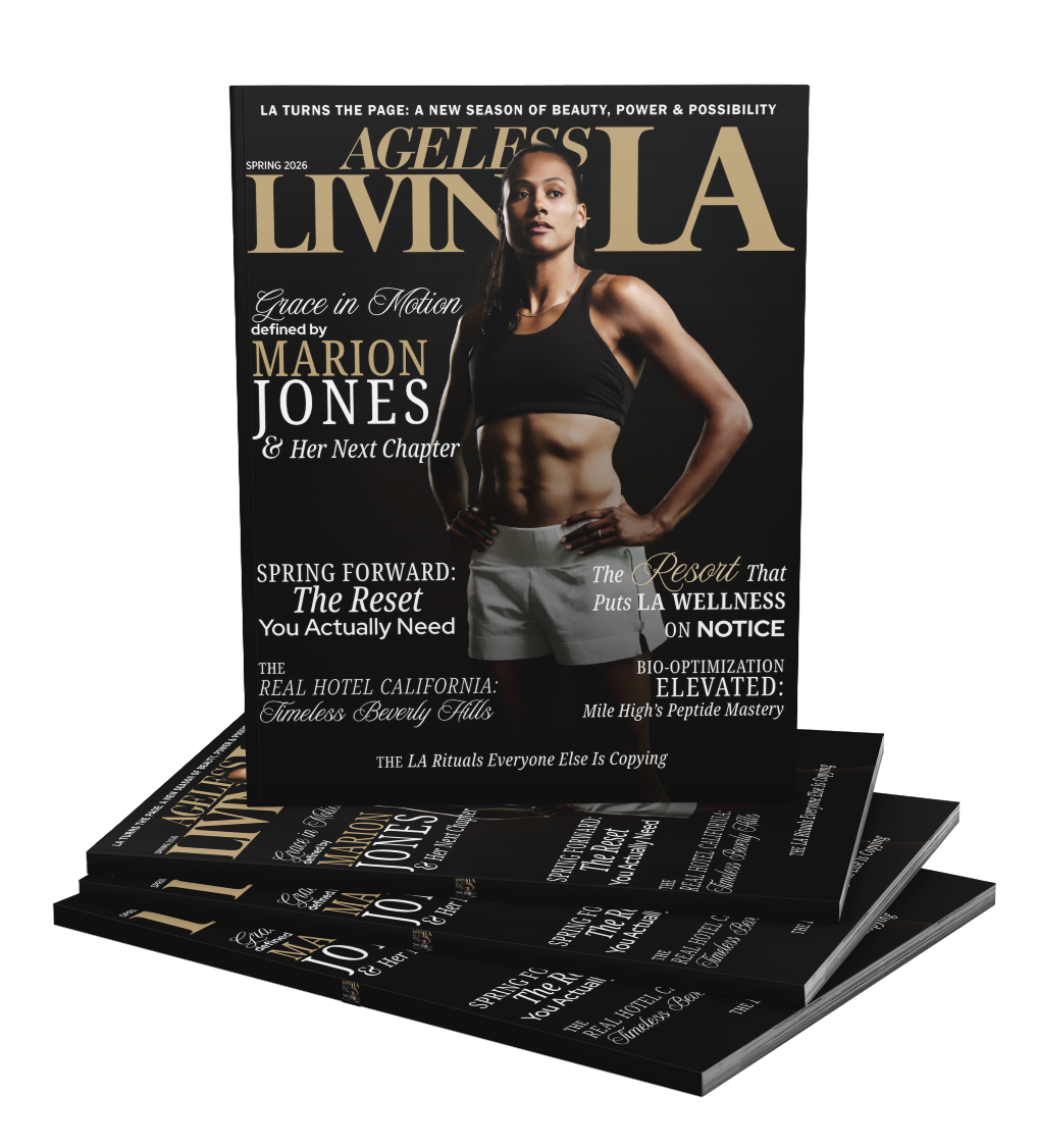 Stack of magazine covers featuring a woman in a black sports bra and white shorts, with headlines about wellness, fitness, and lifestyle topics.