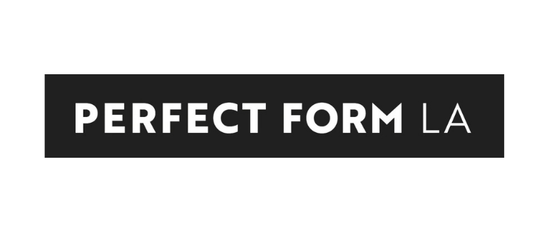 Logo with black background and white text saying 'PERFECT FORM LA'.