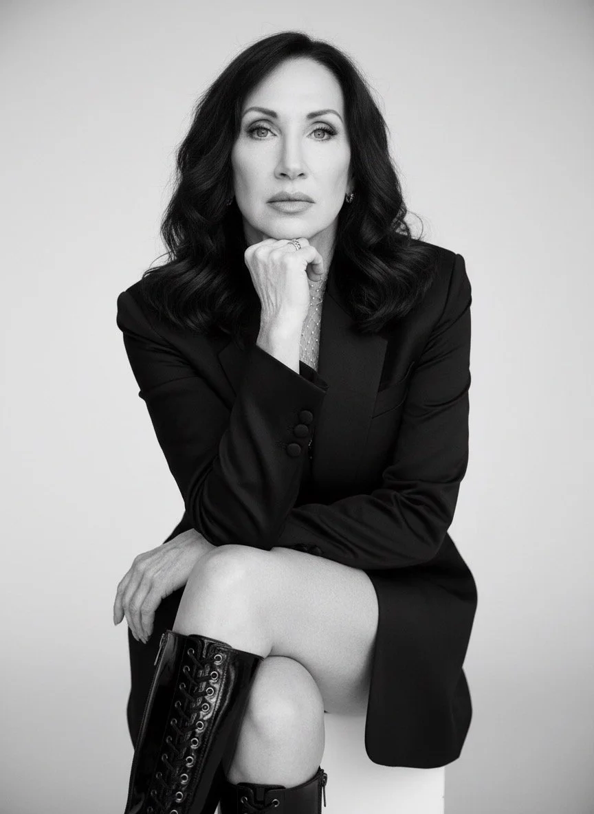 Black and white portrait of a woman with dark, wavy hair, sitting with one knee up, wearing a blazer dress and tall lace-up boots, with one hand resting on her knee and her chin resting on her fist, against a plain background.