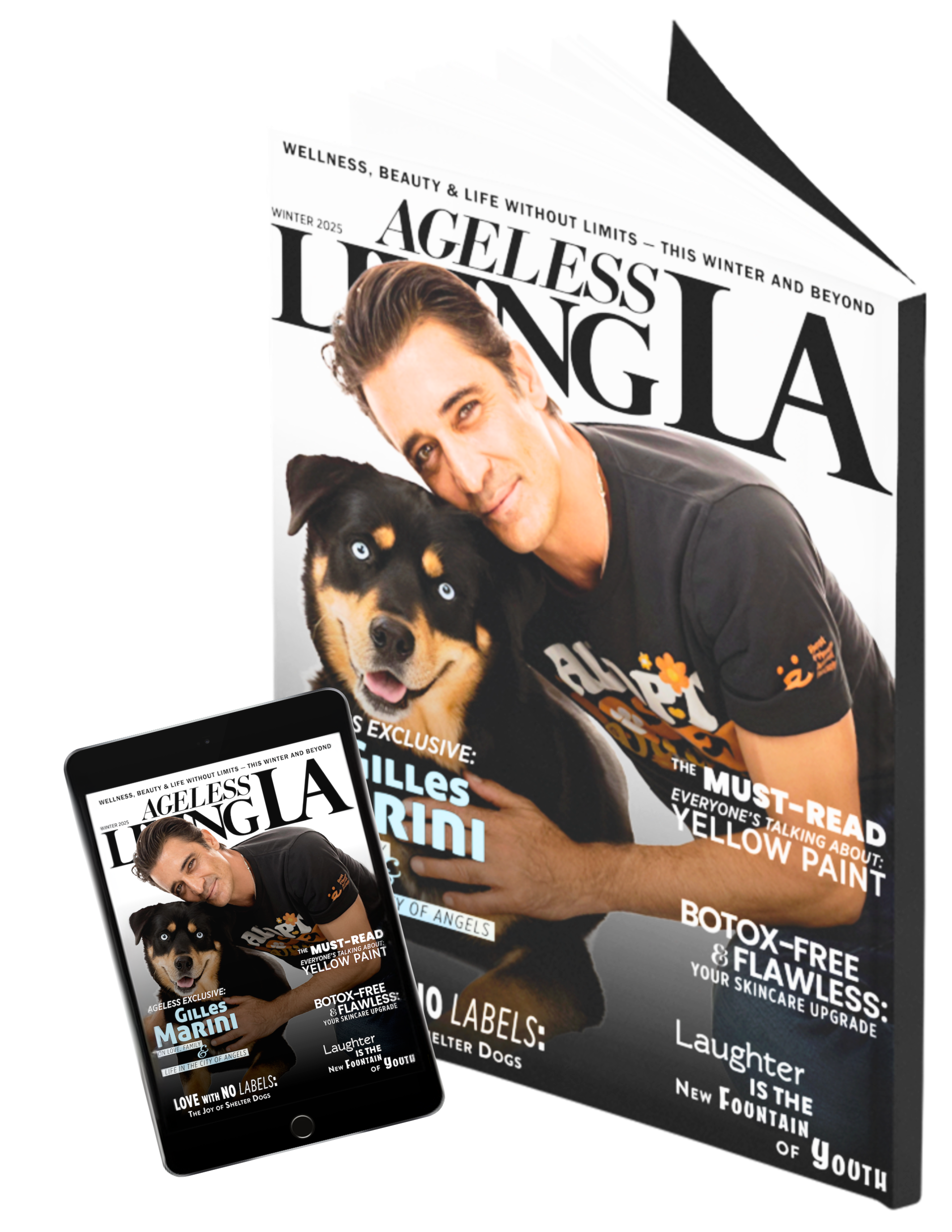Cover of Ageless Living magazine featuring a man and a black dog with blue eyes, holding the dog, with headlines about wellness, Botox, and laughter.