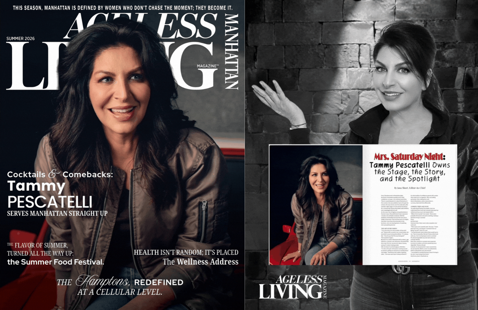 Cover of Ageless Living Manhattan Summer Edition with Tammy Pescatelli and a magazine pages