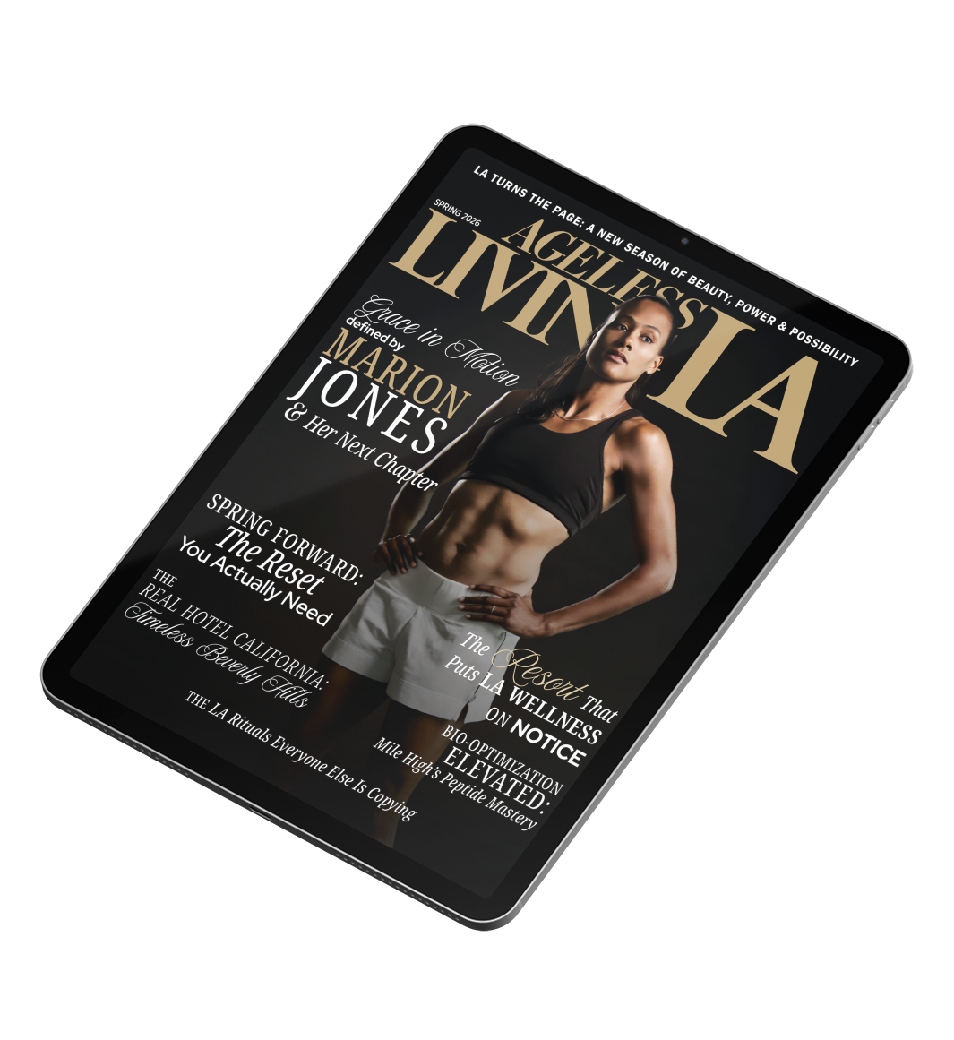 Digital tablet displaying the cover of a magazine titled 'Ageless La Living,' featuring a fit woman in a black sports bra and white shorts, with article headlines about wellness, fitness, and beauty.
