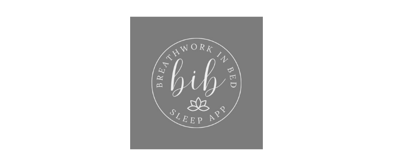 Gray background with white circular logo reading "Breathework in Bed," "Sleep App," and "Bib," with a small leaf icon.