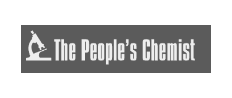 Logo with a microscope icon and the text 'The People's Chemist' on a gray background.