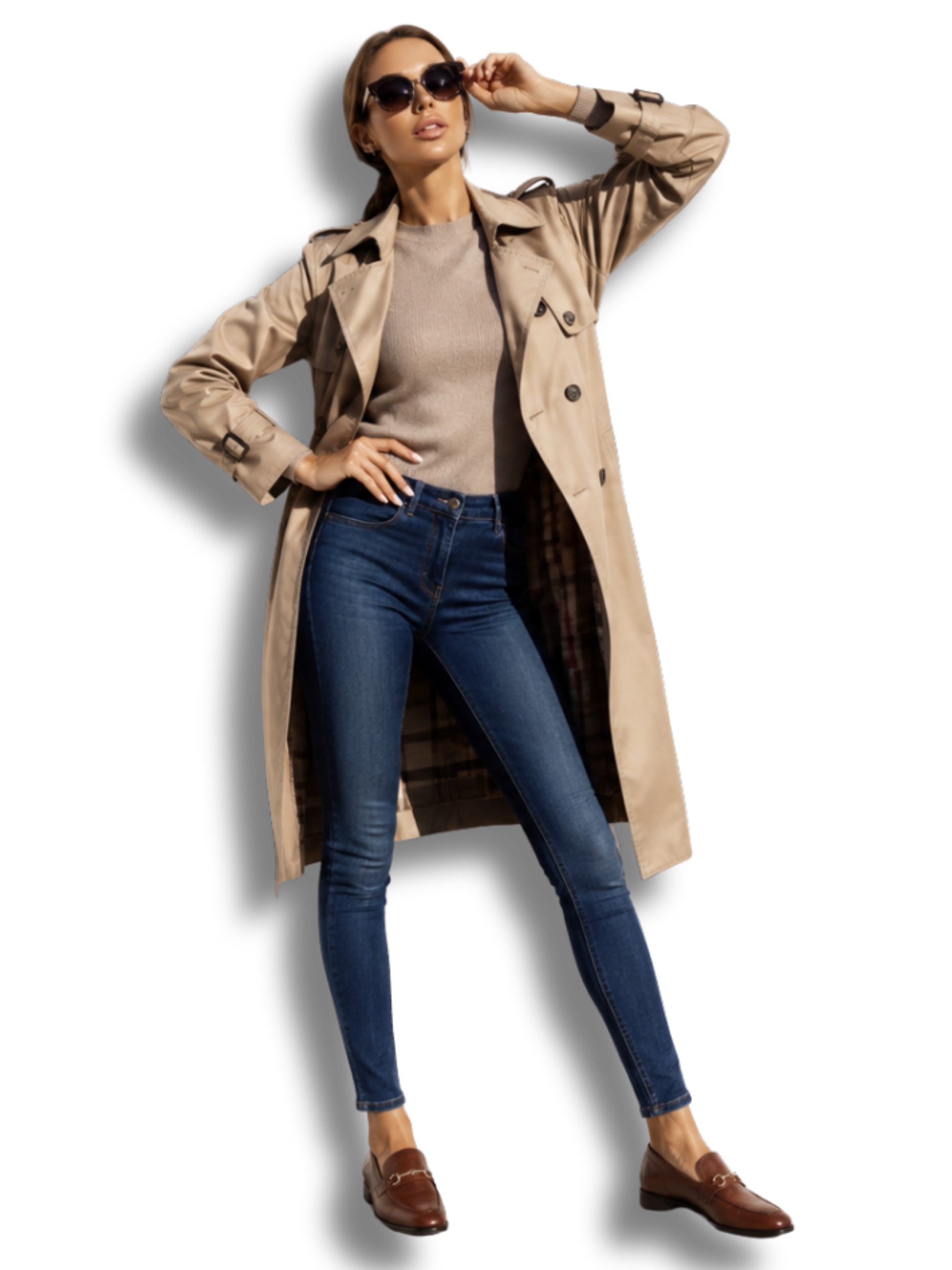 A woman wearing sunglasses, a beige trench coat, a gray sweater, blue jeans, and brown loafers, striking a confident pose.