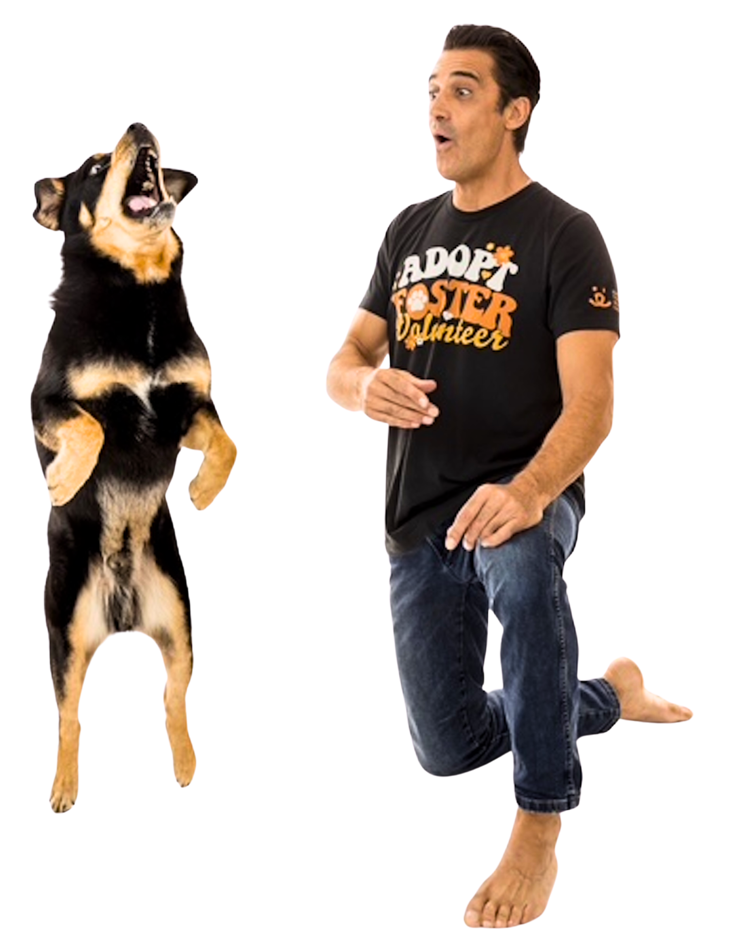 Man and dog participating in a dog training or interaction activity. The man is kneeling on one knee, wearing a black t-shirt with 'Adopt Fosters Volunteer' written on it, and jeans. The dog, standing on its hind legs, appears to be barking or vocalizing.
