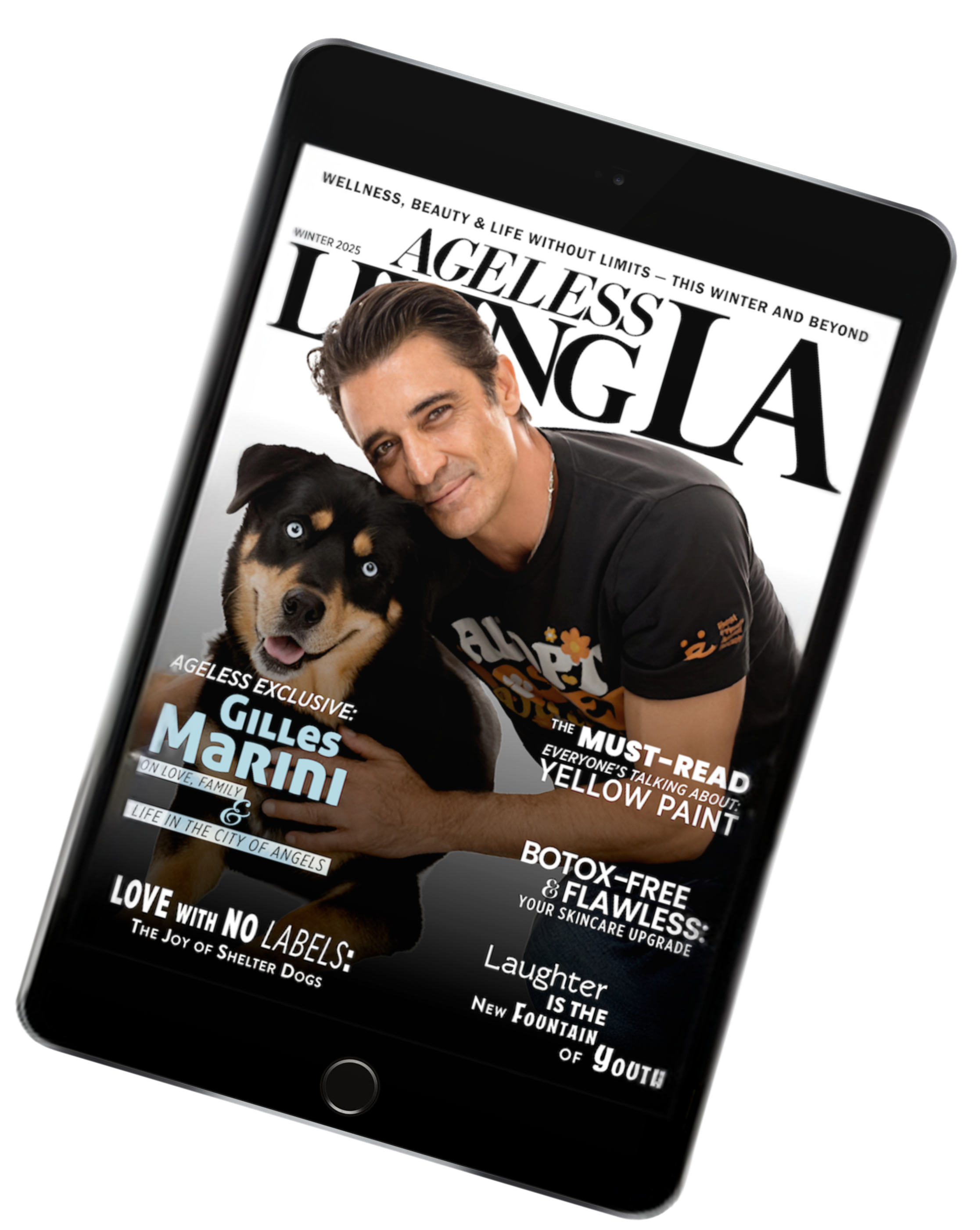 A digital magazine cover titled 'Ageless Living' featuring a man holding a puppy, with various headlines about wellness, beauty, and lifestyle.