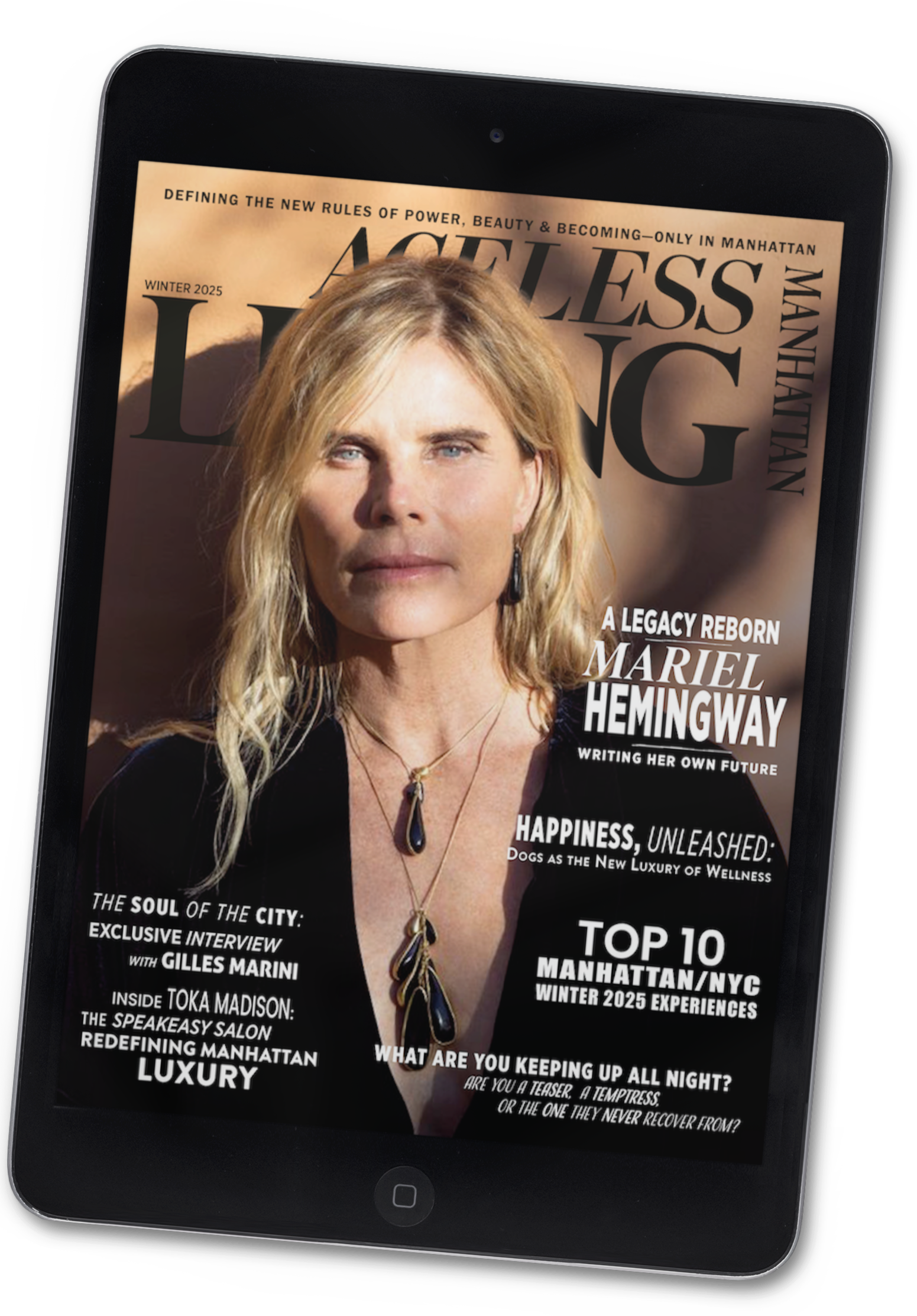 Digital tablet displaying the cover of Elle magazine with a portrait of Mariel Hemingway, magazine title and headlines about Manhattan, luxury, and wellness.