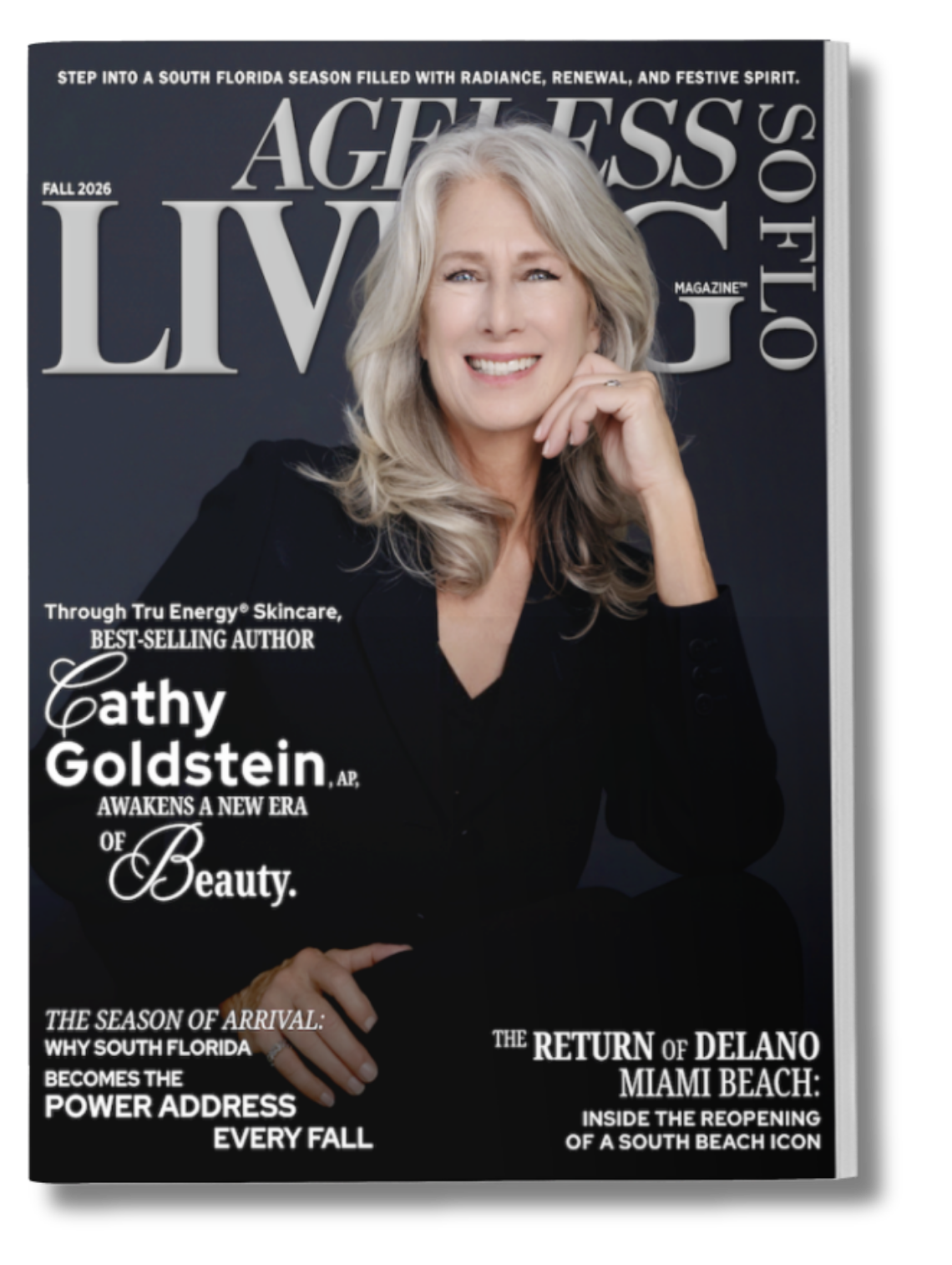Cover of Ageless Living magazine featuring a woman with long gray hair smiling, wearing a black outfit, on a dark background with white and gray text.