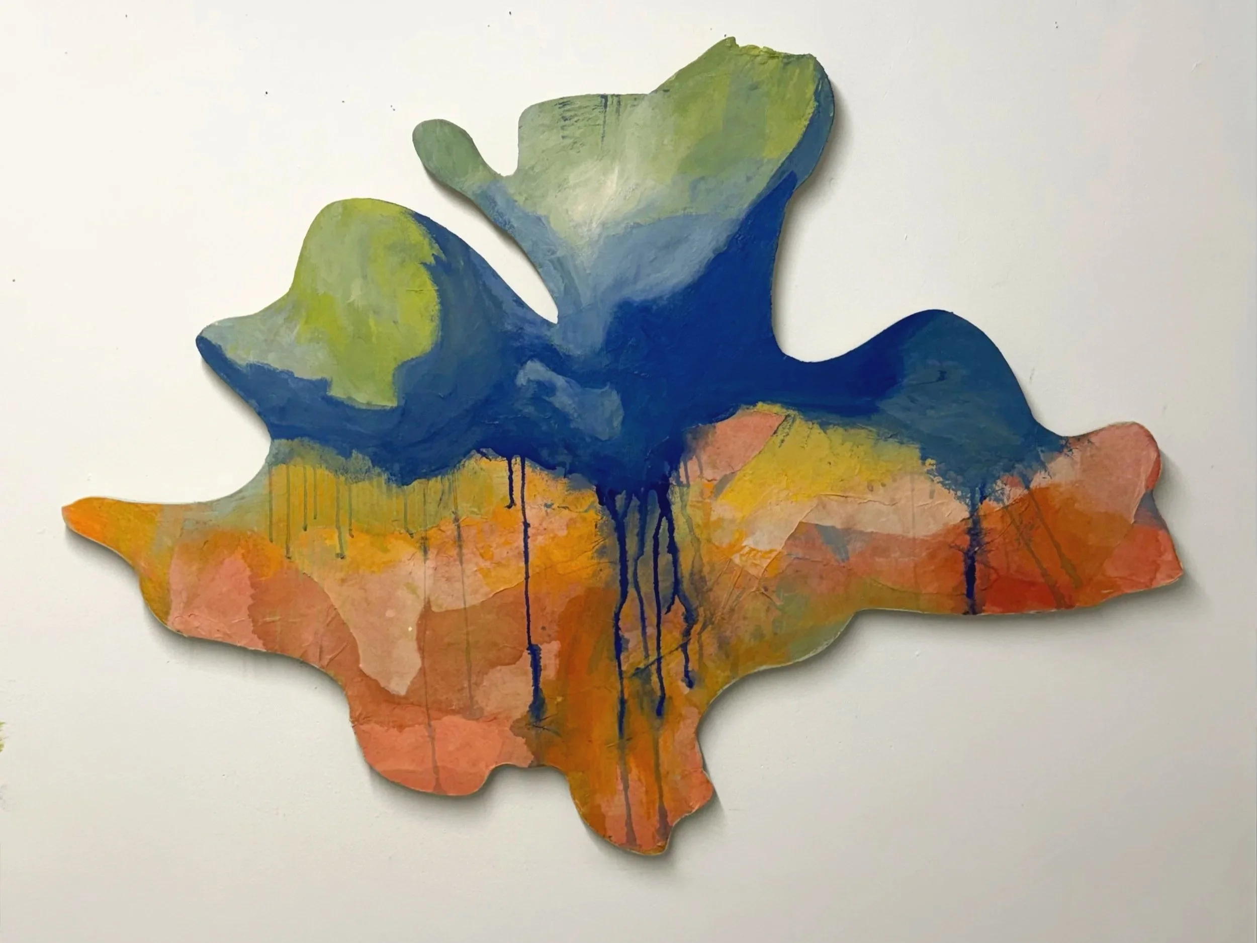 highs and lows, acrylic and paper collage on plywood,  14x47 in from tip to tip, 2025