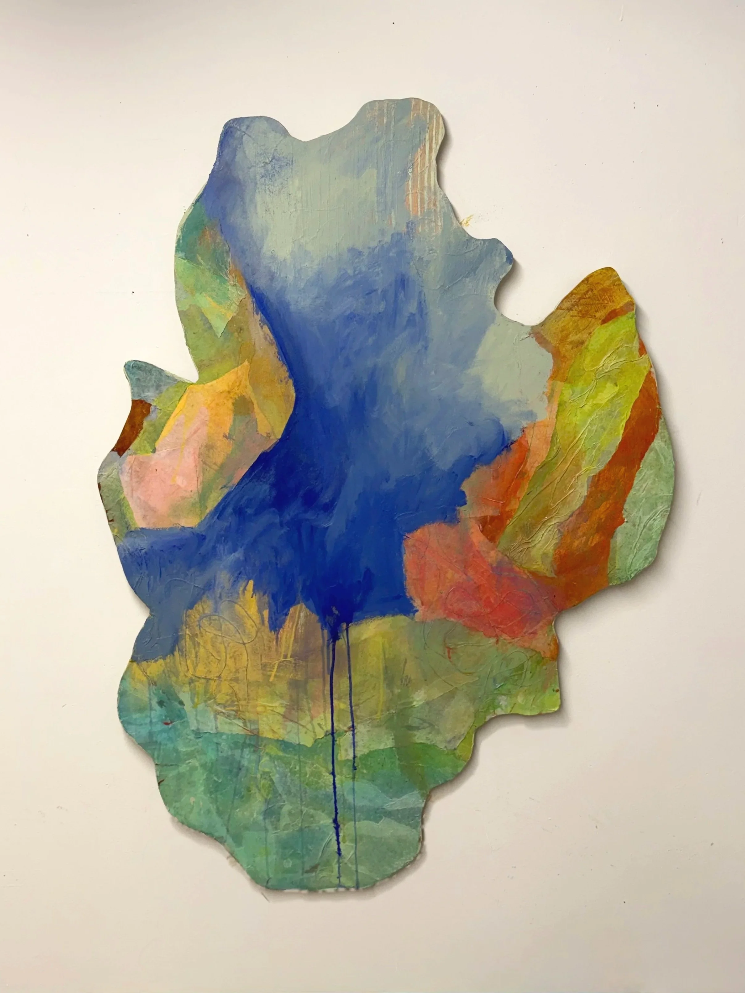 peacemaker, acrylic and collaged paper on plywood, 32x44in tip to tip, 2025