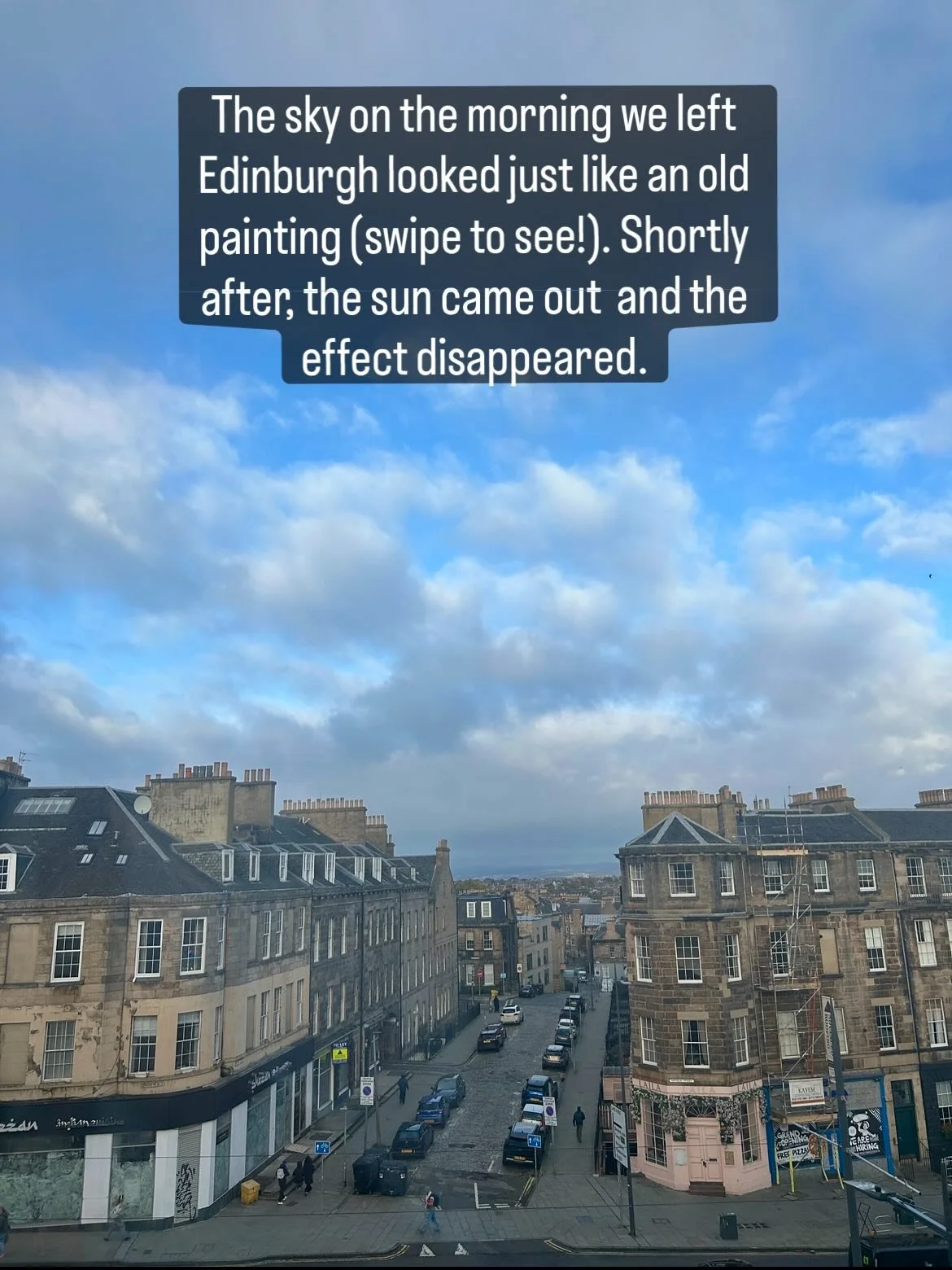 The day before yesterday, we left Edinburgh (sniff, already wanting to go back!) and the sky as viewed from our hotel room reminded me of an old master painting 🩵 It was something about the light and the effect lasted only a short time as soon after