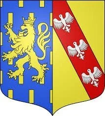 Blason de la région de la Brașov, avec un lion doré sur fond bleu à gauche et une bande rouge avec des aigles blancs à droite.