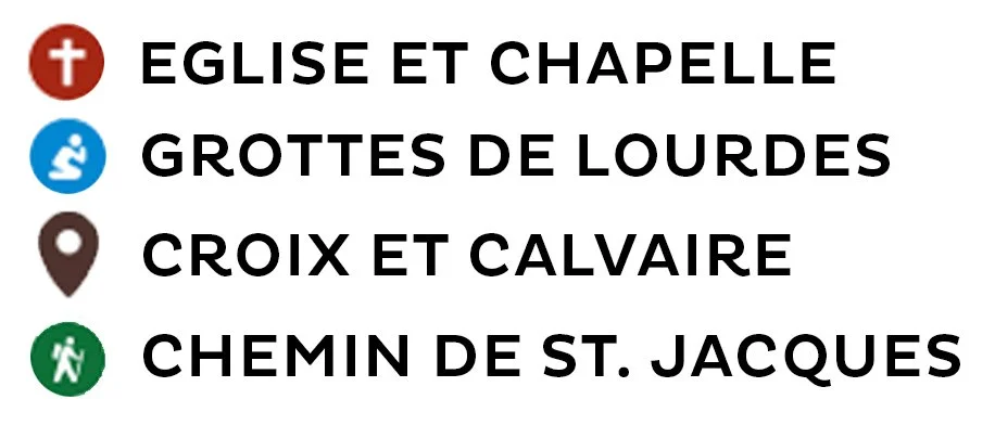 légende de la carte interactive du patrimoine religieux du Steinhart : Église et chapelle (croix), Grottes de Lourdes (prière), Croix et Calvaire (marqueur de localisation), Chemin Saint-Jacques (marcheur).