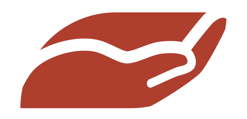 Partie basse du logo du Steinhart. Une main ouverte en position de soutien ou de présentation, illustrée en style graphique avec des couleurs brun.