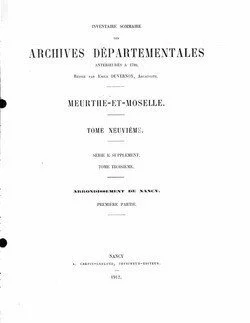 Page de titre d'un document ancien intitulé "Archives départementales de Meurthe-et-Moselle" avec des détails sur la publication de 1912.