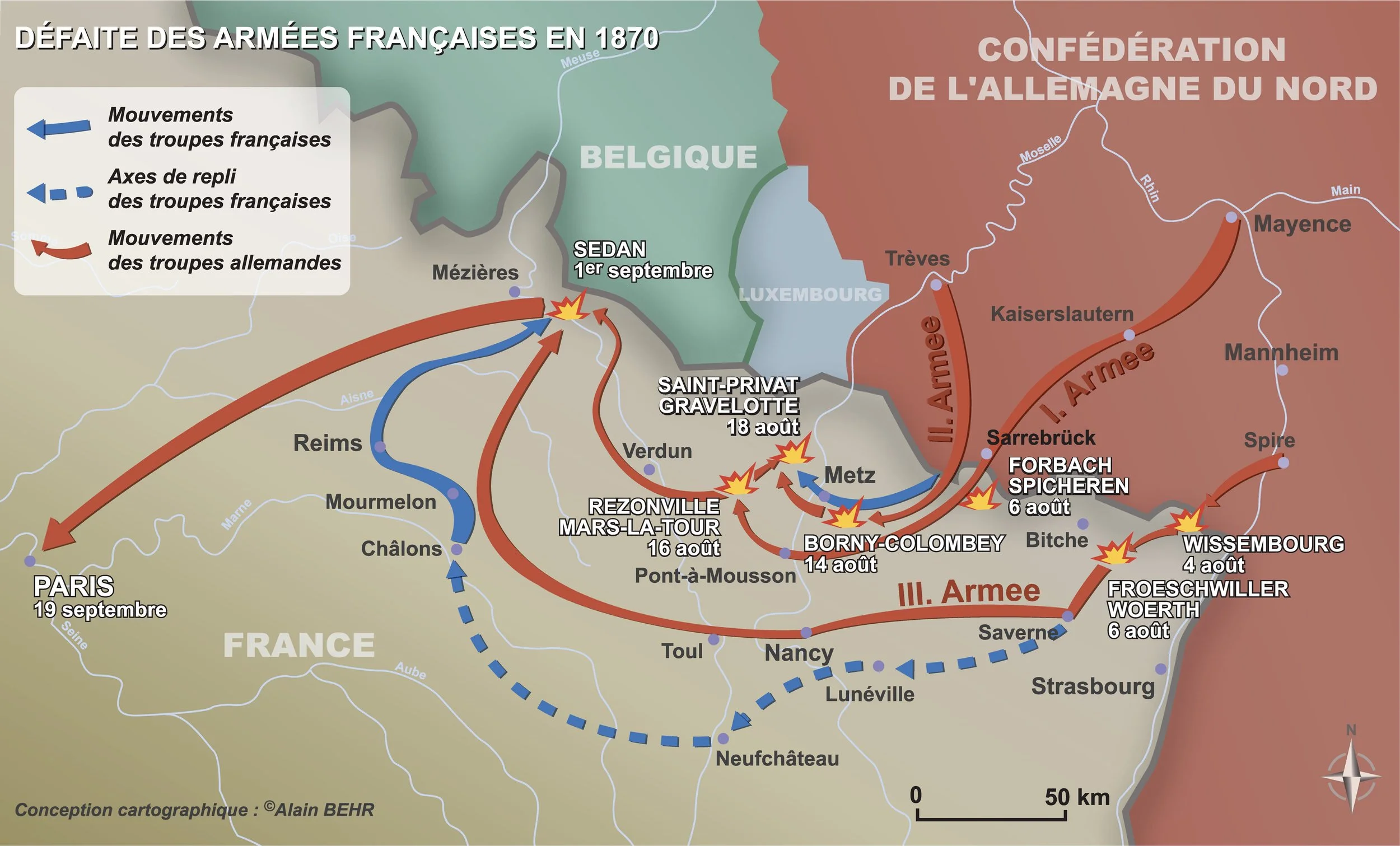 Carte illustrant la défaite des armées françaises en 1870, avec mouvements et replis, et les mouvements des troupes allemandes en mai-août 1870. Marqueur avec dates et localités clés comme Paris, Reims, Nancy, Metz, Strasbourg, et Berlin.