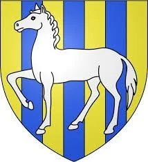 Blason avec un cheval blanc sur fond de rayures bleues et jaunes.