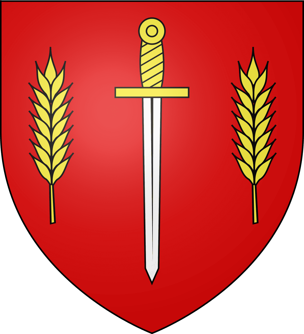 Dessiné d'un bouclier rouge avec une épée au centre et deux épis de blé de chaque côté.