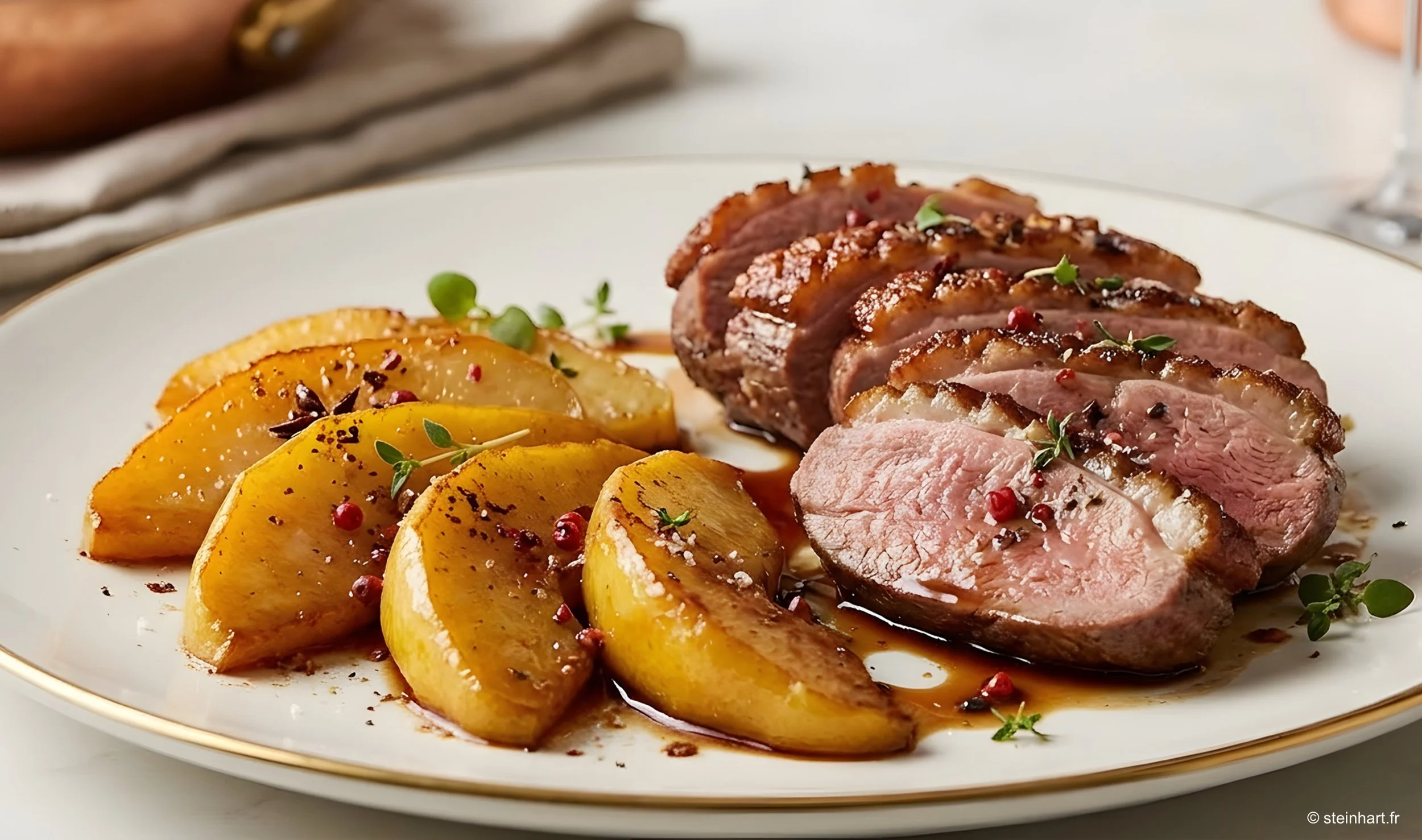 Poêlée de coings au miel et magret de canard au four