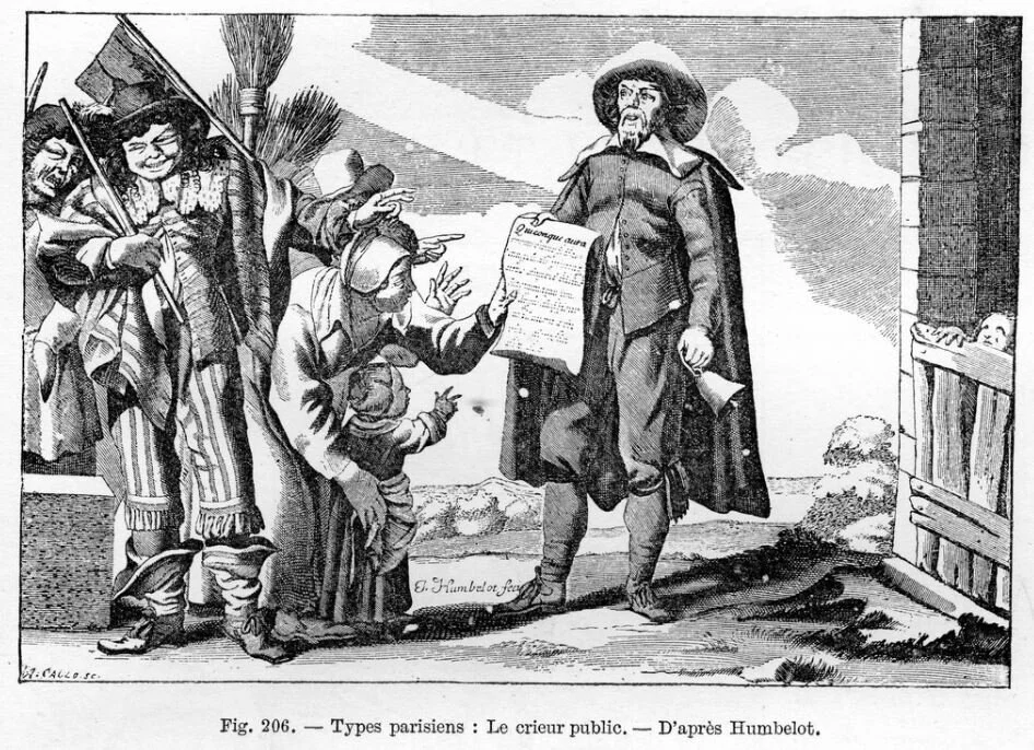 Une scène de caricature avec un homme habillé en costumes anciens, tenant un parchemin, entouré de personnes souriantes et curieuses, dans un contexte historique ou satirique.