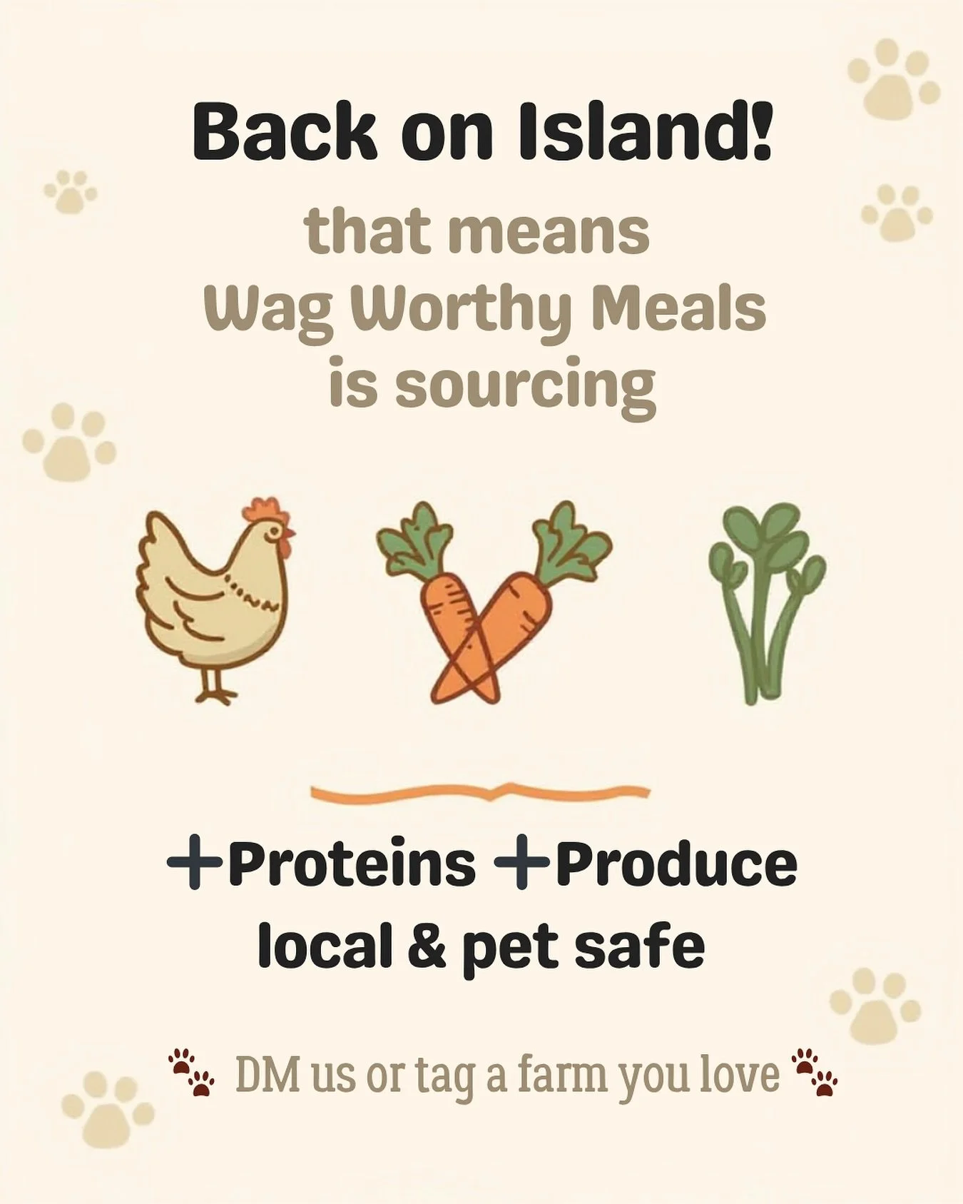 Local Sourcing Call 

Born on the Island. Built for the Bowl.
Wag Worthy Meals is expanding our clean, shelf stable dog food line and we&rsquo;re looking for locally grown and raised ingredients to make it happen.

We process and manufacture everythi