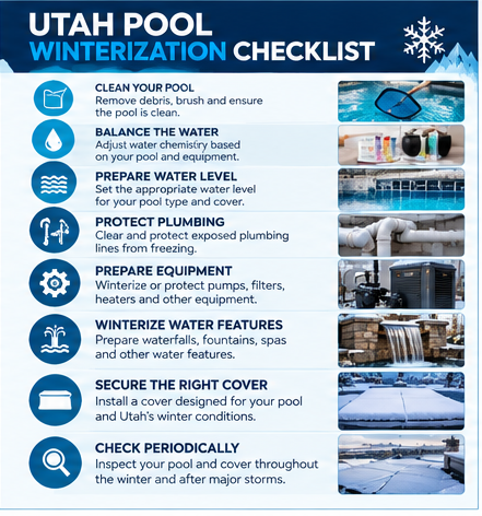 Signs it is time to winterize a Utah swimming pool including colder forecasts, falling water temperatures and reduced pool use