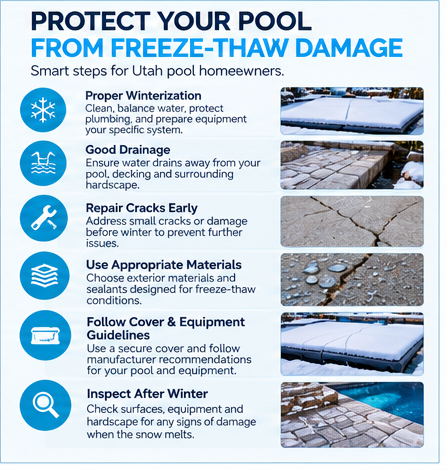Steps to protect a Utah pool from freeze-thaw damage including winterization, drainage, crack repair and winter inspections