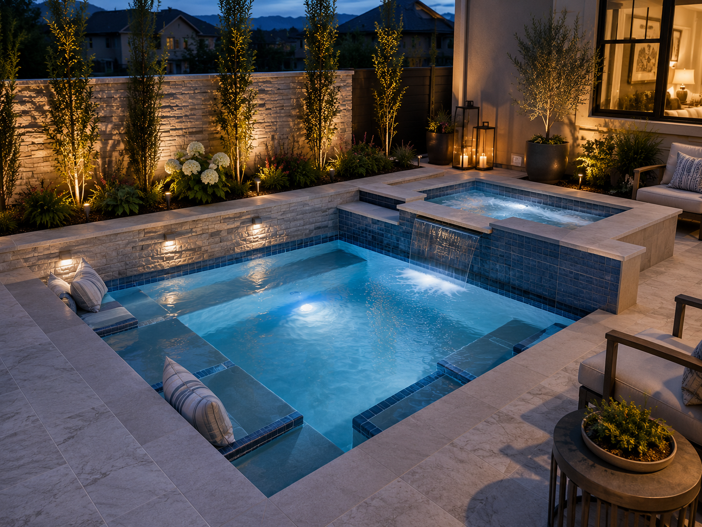 Small plunge pool with integrated spa designed for a Utah backyard