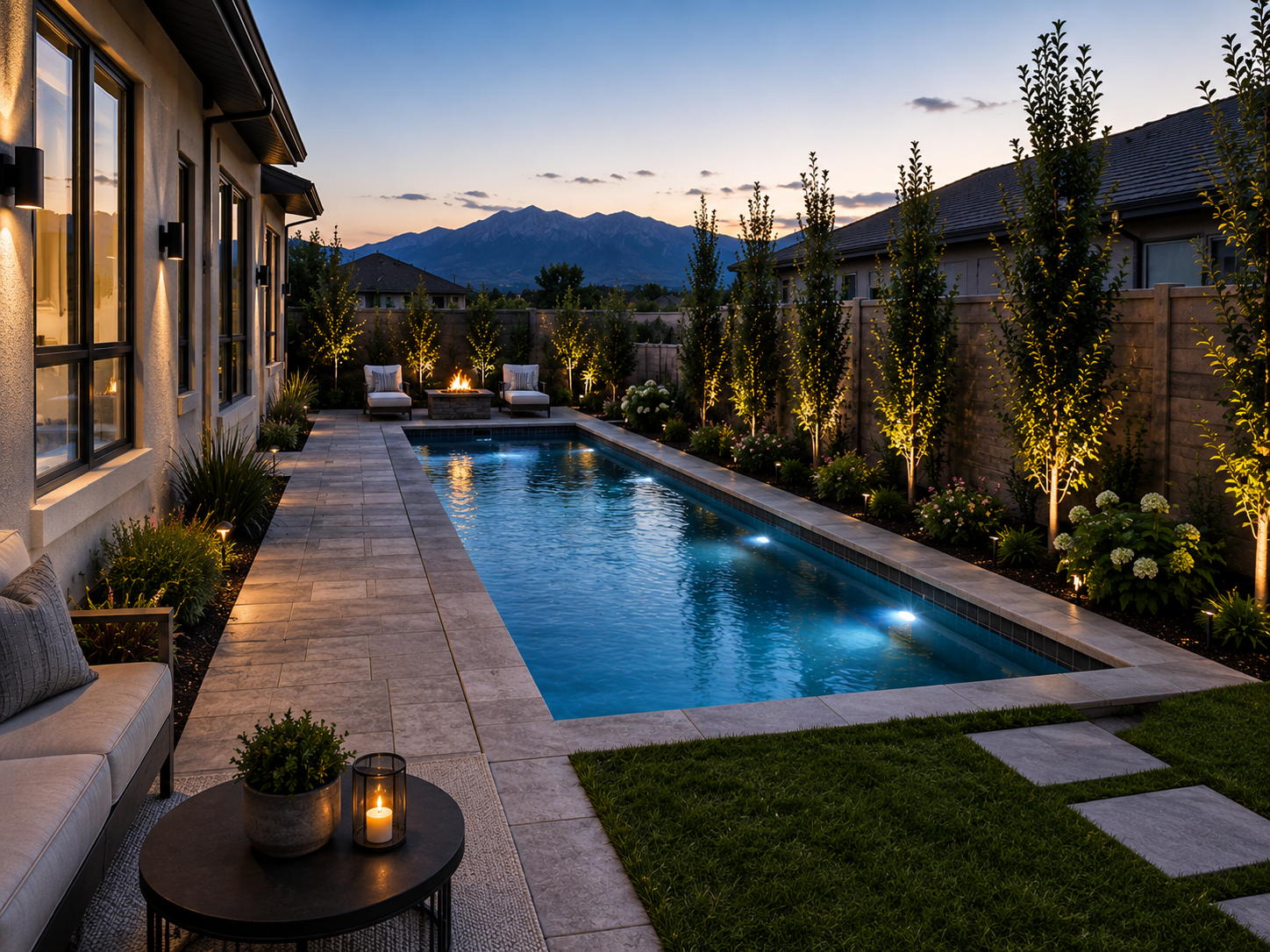 Long narrow swimming pool designed for a compact Utah backyard