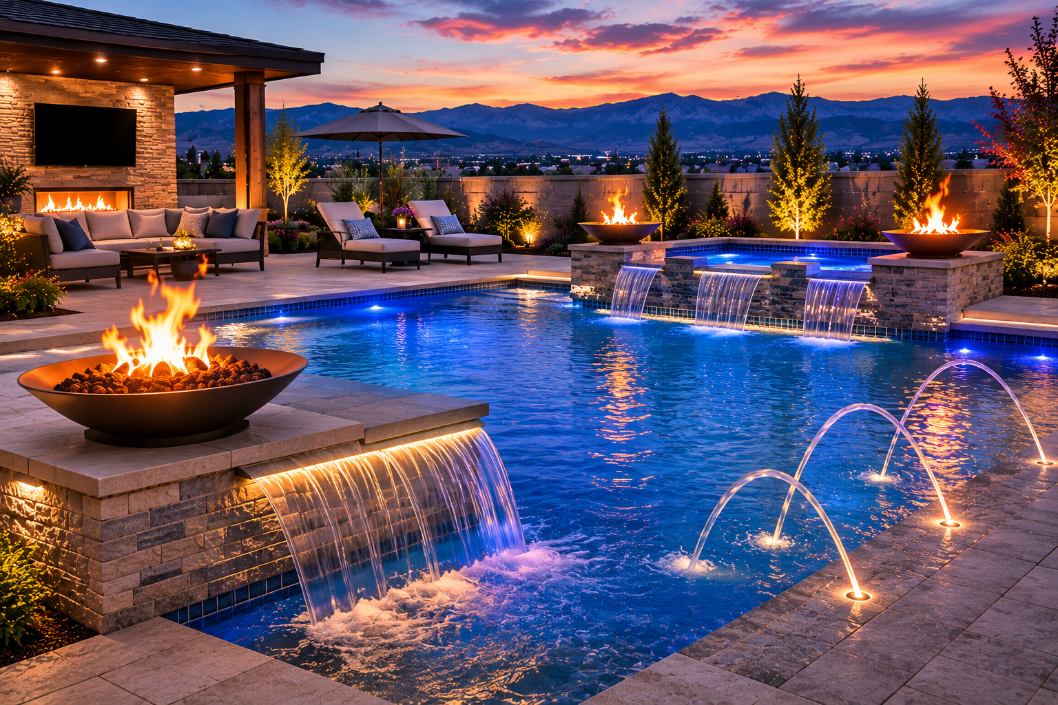 Water and fire features Show fire bowls, waterfalls, deck jets, or a sheer descent feature.