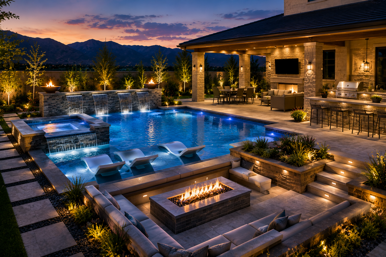 Complete outdoor living space Finish with a wide backyard image featuring the pool, covered patio, outdoor kitchen, landscaping, and seating.