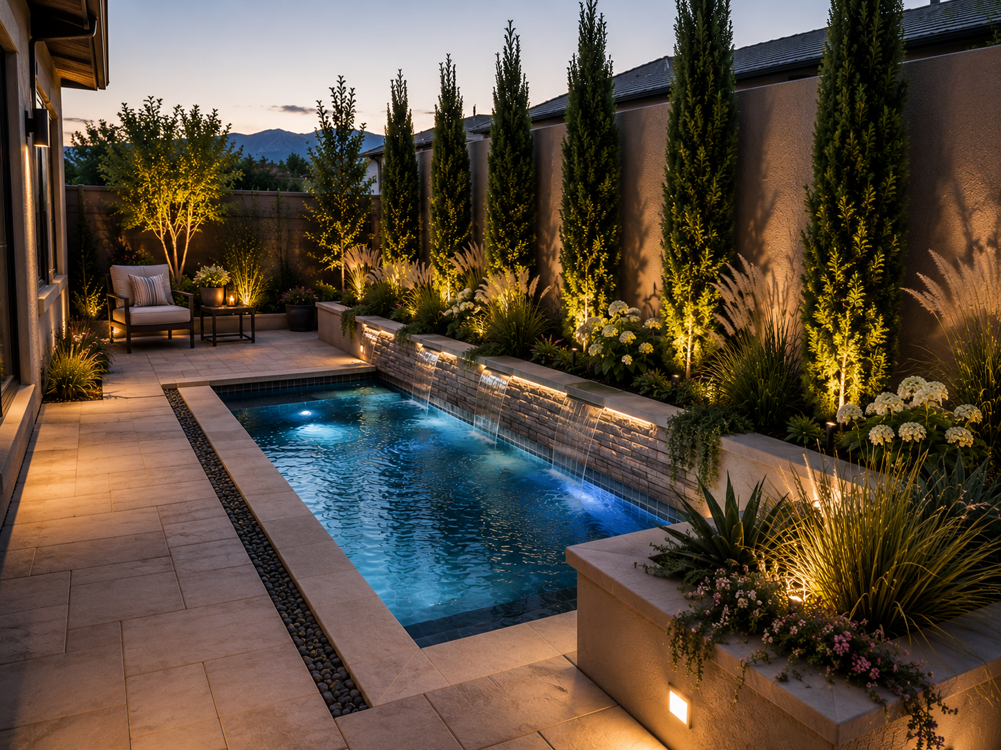 Vertical landscaping and privacy trees surrounding a small Utah pool