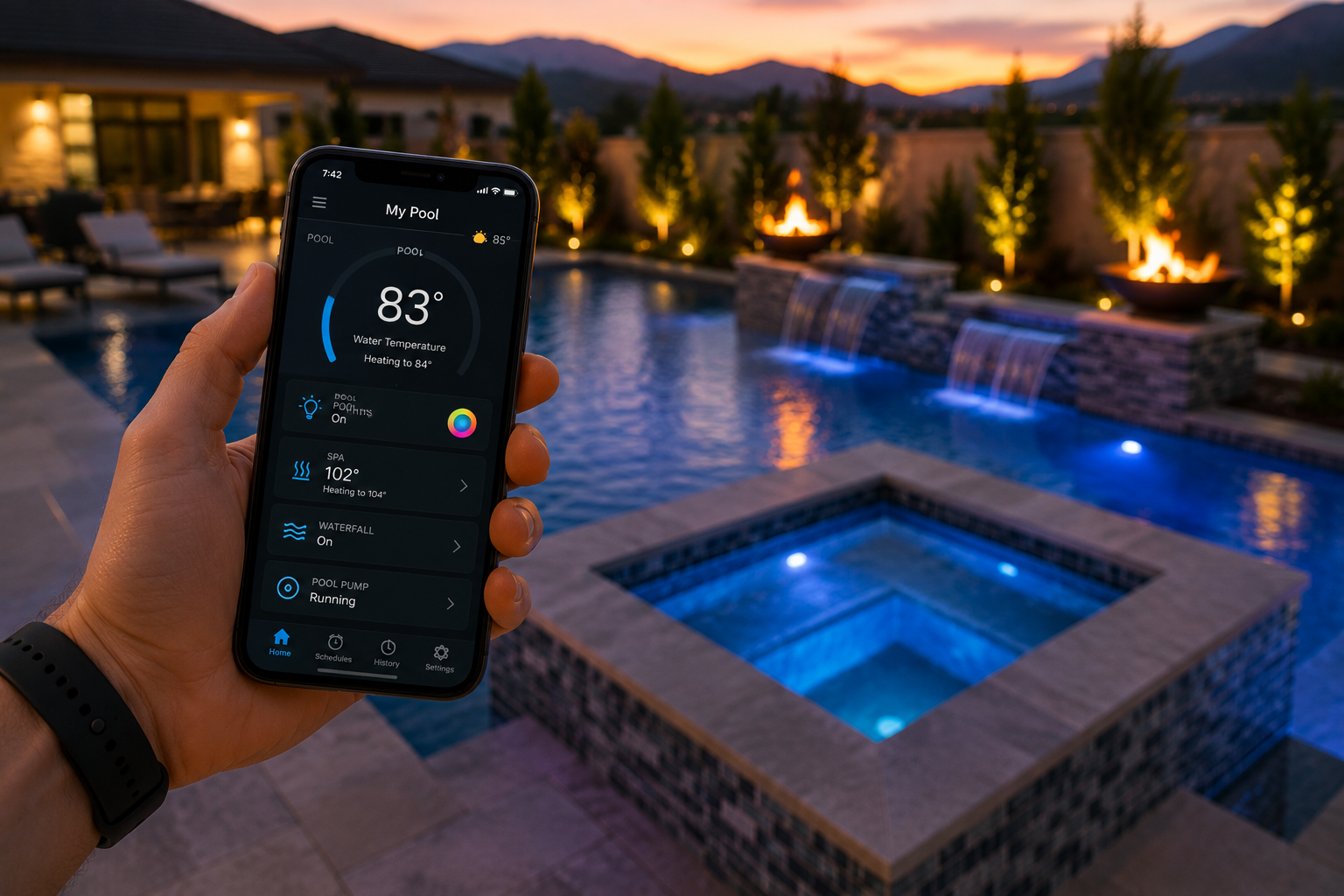 Smart pool automation Use a close-up of someone controlling their pool, spa, lights, or temperature from a phone.