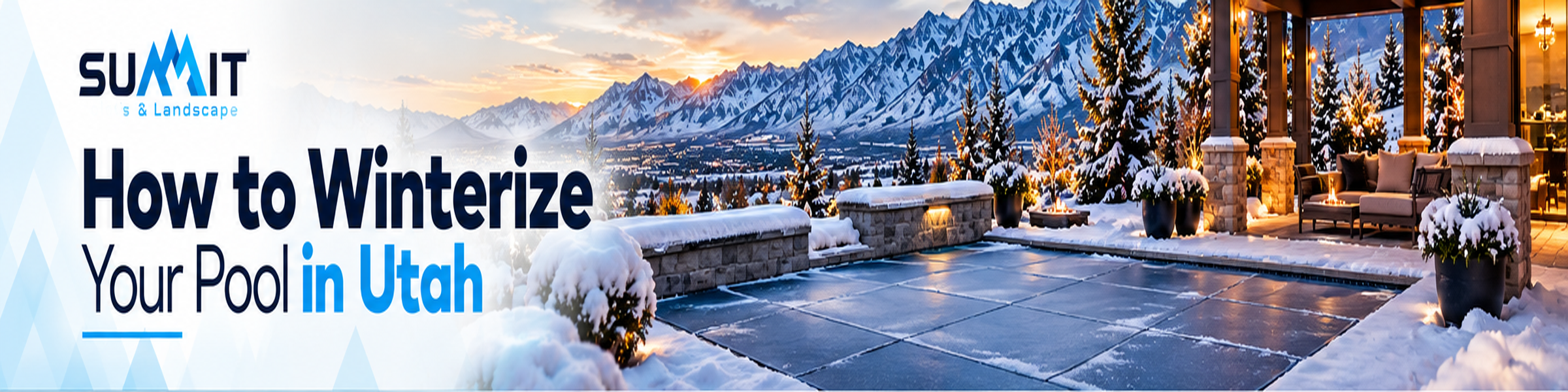 Winterized swimming pool covered with snow in a Northern Utah backyard with mountain views