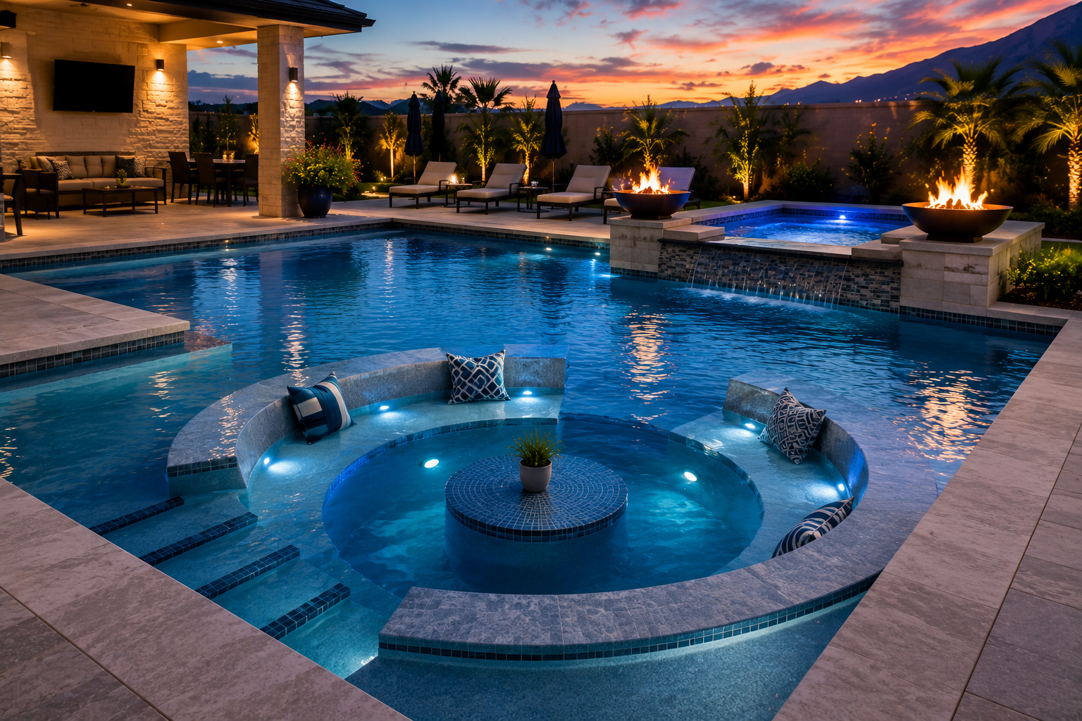 Built-in pool seating Show a swim-up bench, conversation area, or seating around the spa.