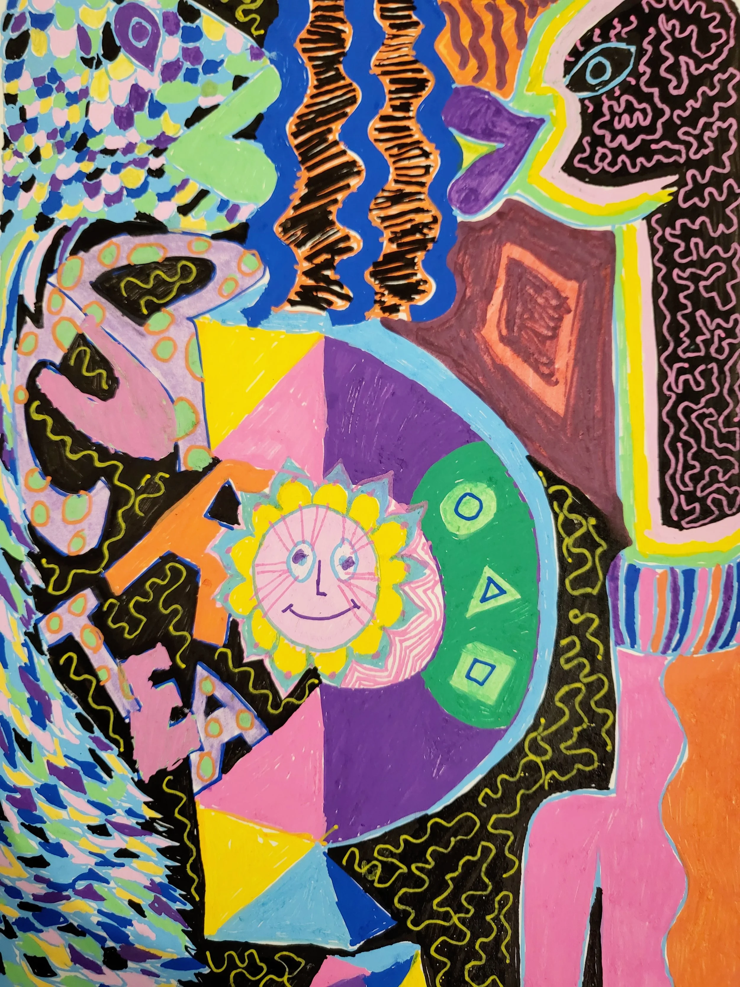 Rainbow Fish Makes a Cuppa Tea - acrylic paint pens on paper, 2025